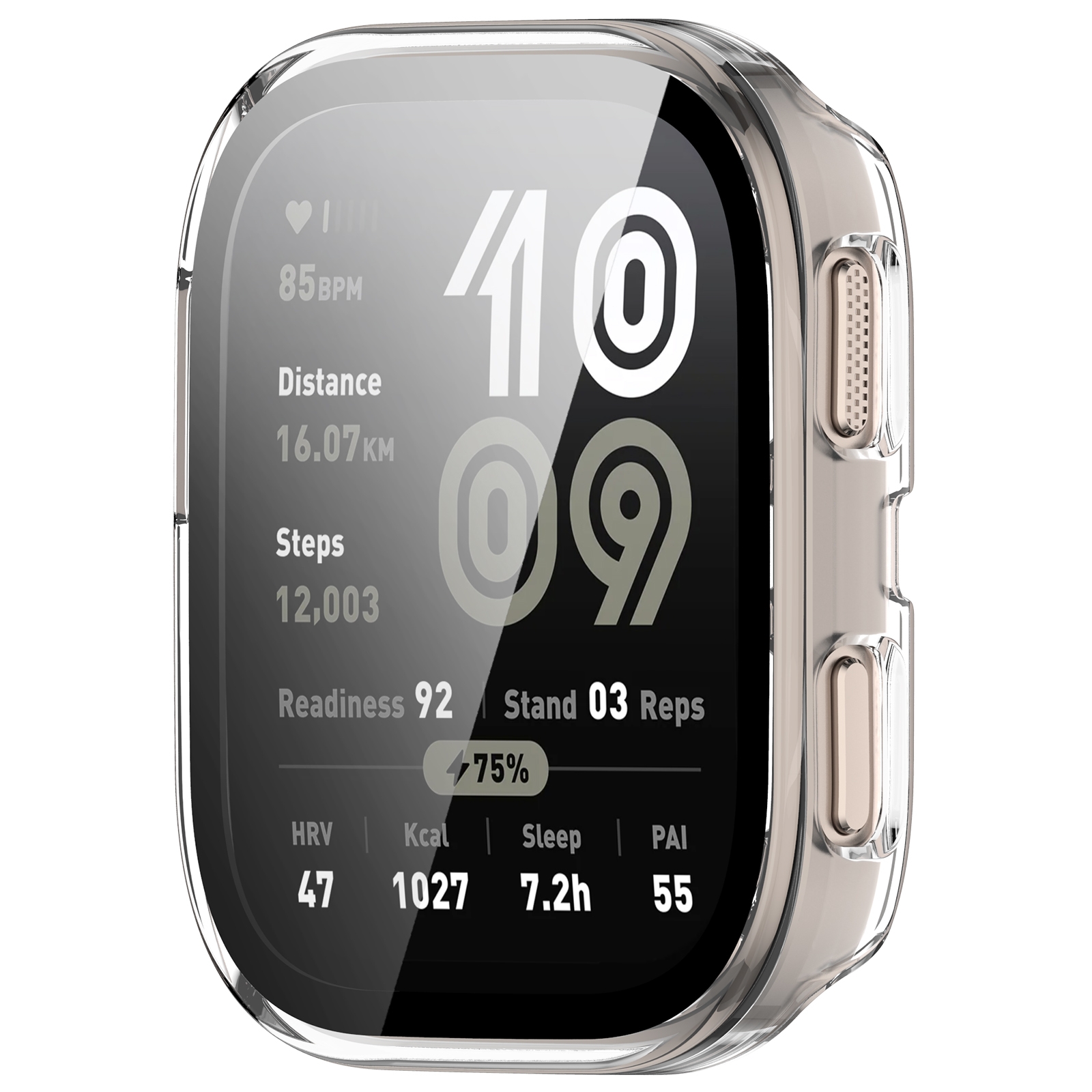 Smartwatch con display che mostra statistiche: tempo, passi, distanza, preparazione, sonno, frequenza cardiaca e calorie. È in una custodia trasparente.