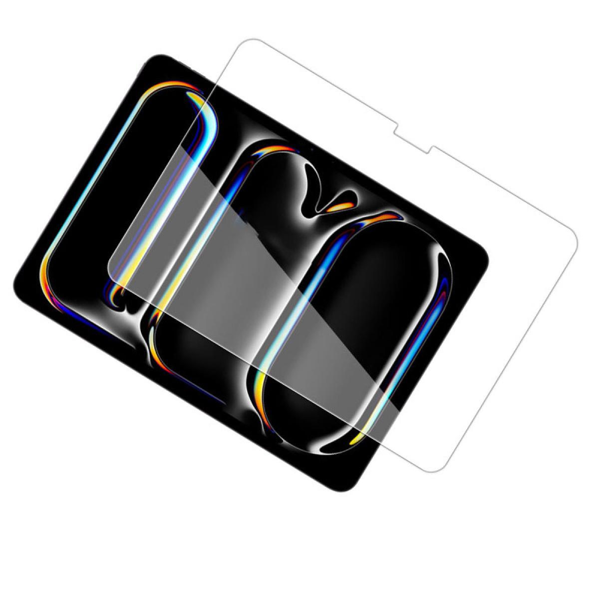 Een schermbeschermer en telefoon worden schuin weergegeven. De beschermer is transparant, de telefoon is zwart met gekleurde randen.