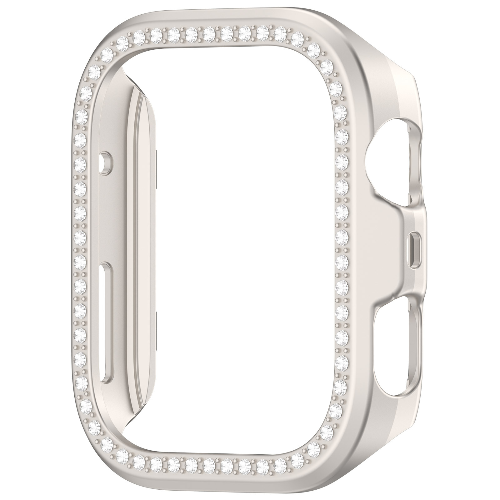 Cassa per orologio argentata con bordo di strass scintillanti, progettata per smartwatch, isolata su bianco.