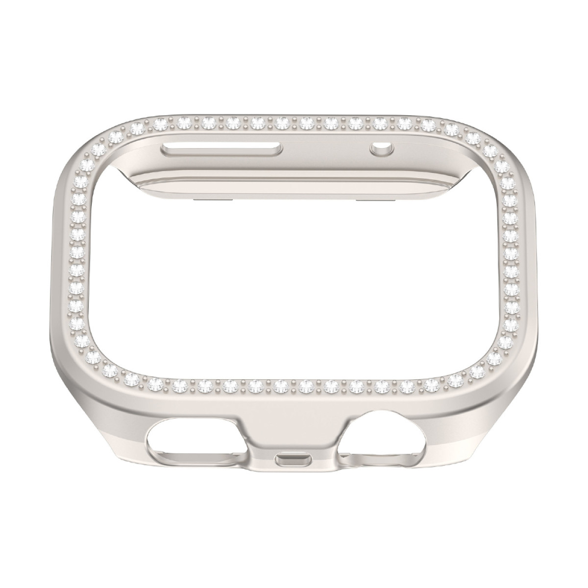 Una cassa per orologio argentata con un bordo di piccoli cristalli trasparenti. La cassa ha aperture per il quadrante e i pulsanti. Sfondo bianco.