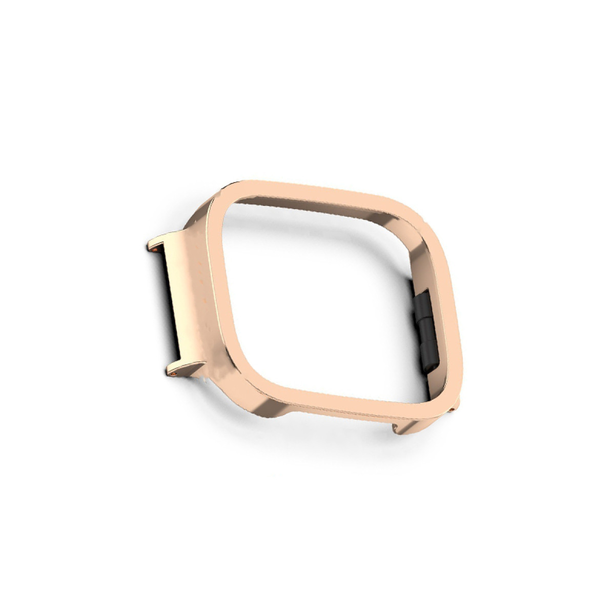 Una cassa dell'orologio in oro rosa su sfondo bianco. È quadrata con angoli arrotondati e una chiusura nera.