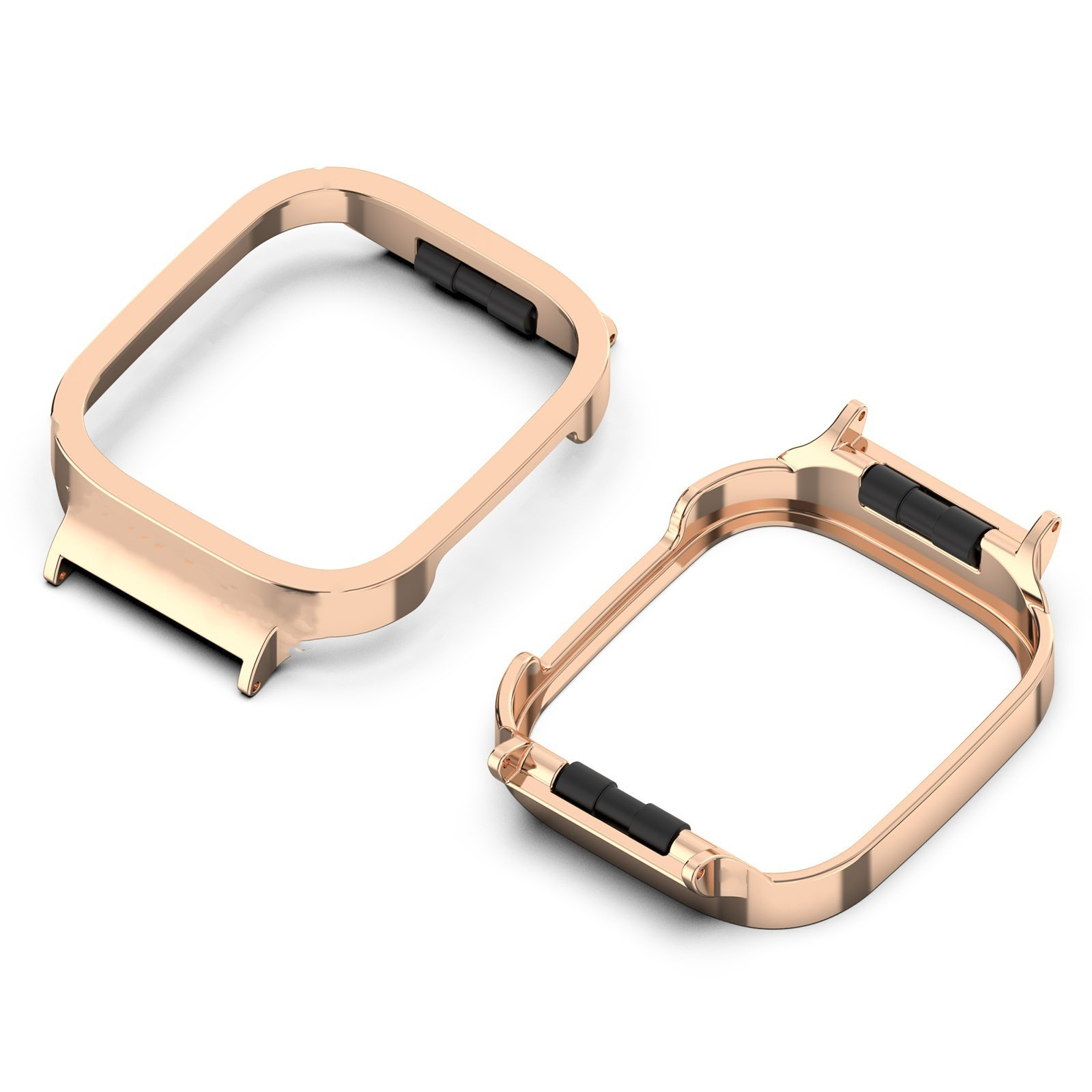 Due lunette per orologio in oro rosa, una con chiusura e l'altra senza, su sfondo bianco.