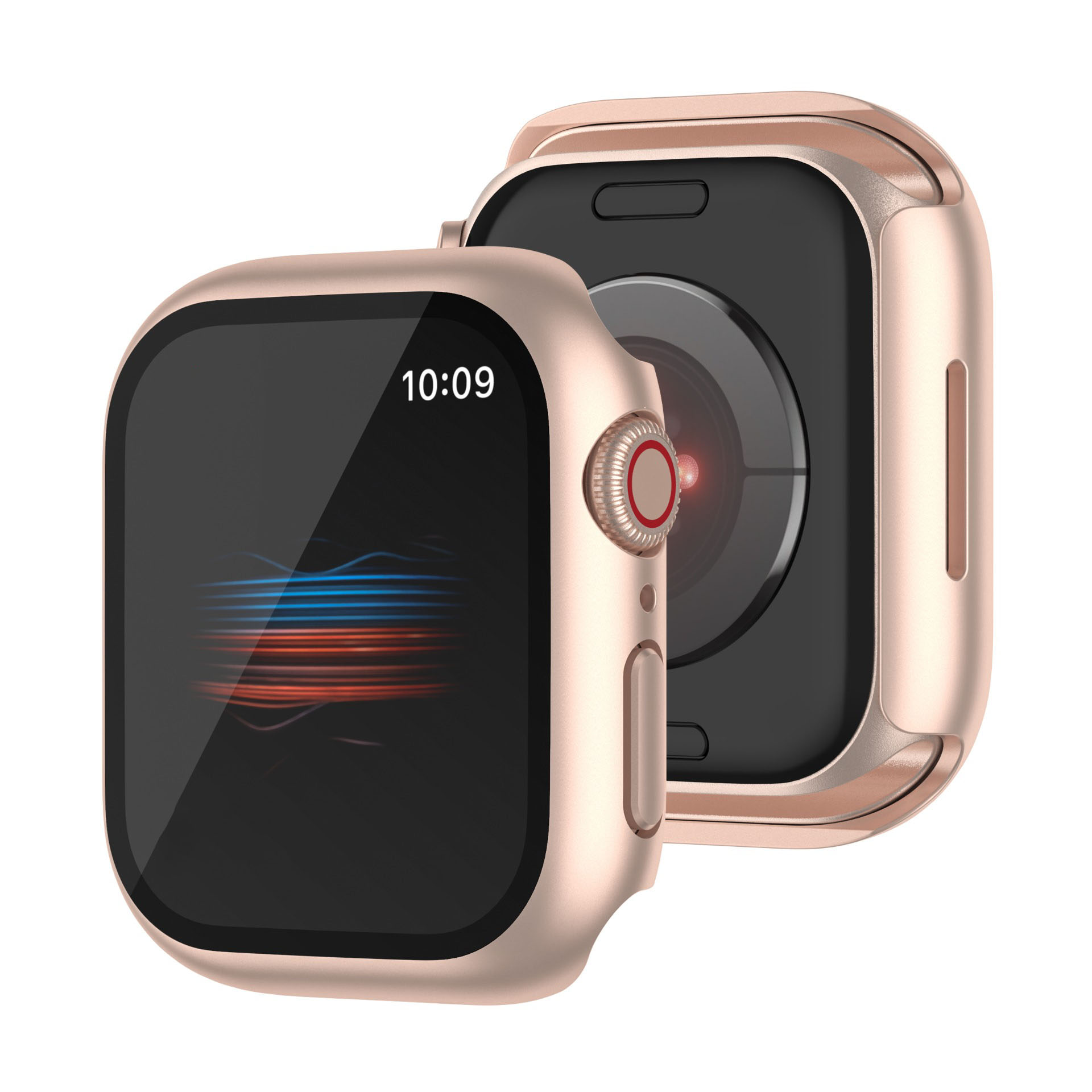 Un Apple Watch oro rosa con schermo nero che mostra le 10:09. L'orologio è in una cassa dorata. Sfondo bianco.