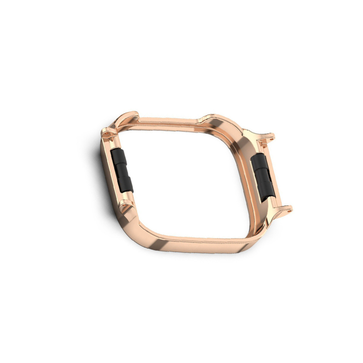 Una cassa per orologio in oro rosa con elementi neri, su sfondo bianco. La cassa è quadrata con bordi curvi.