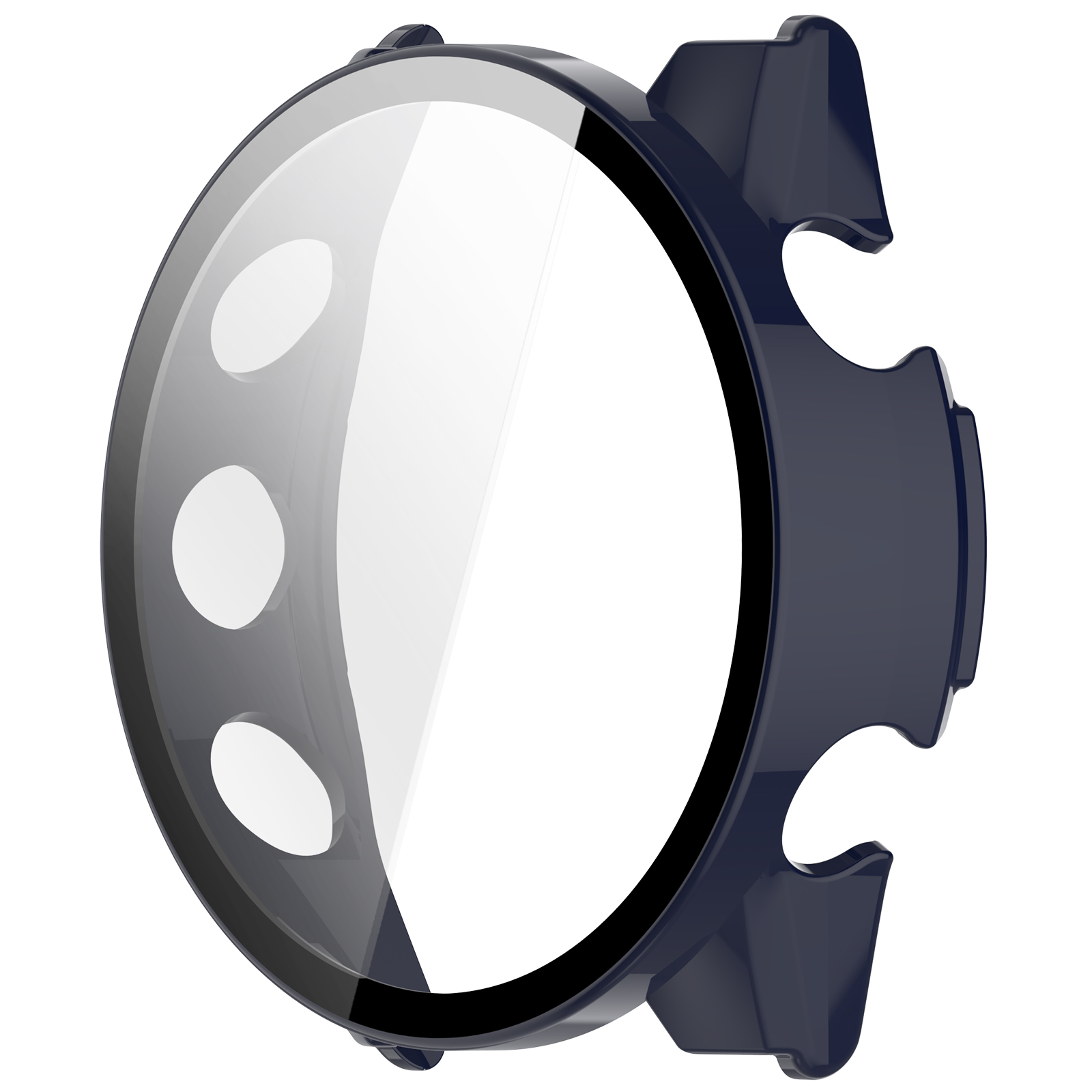 Un proteggi cassa per orologio blu scuro con schermo trasparente. Ha tre fori e un design curvo.