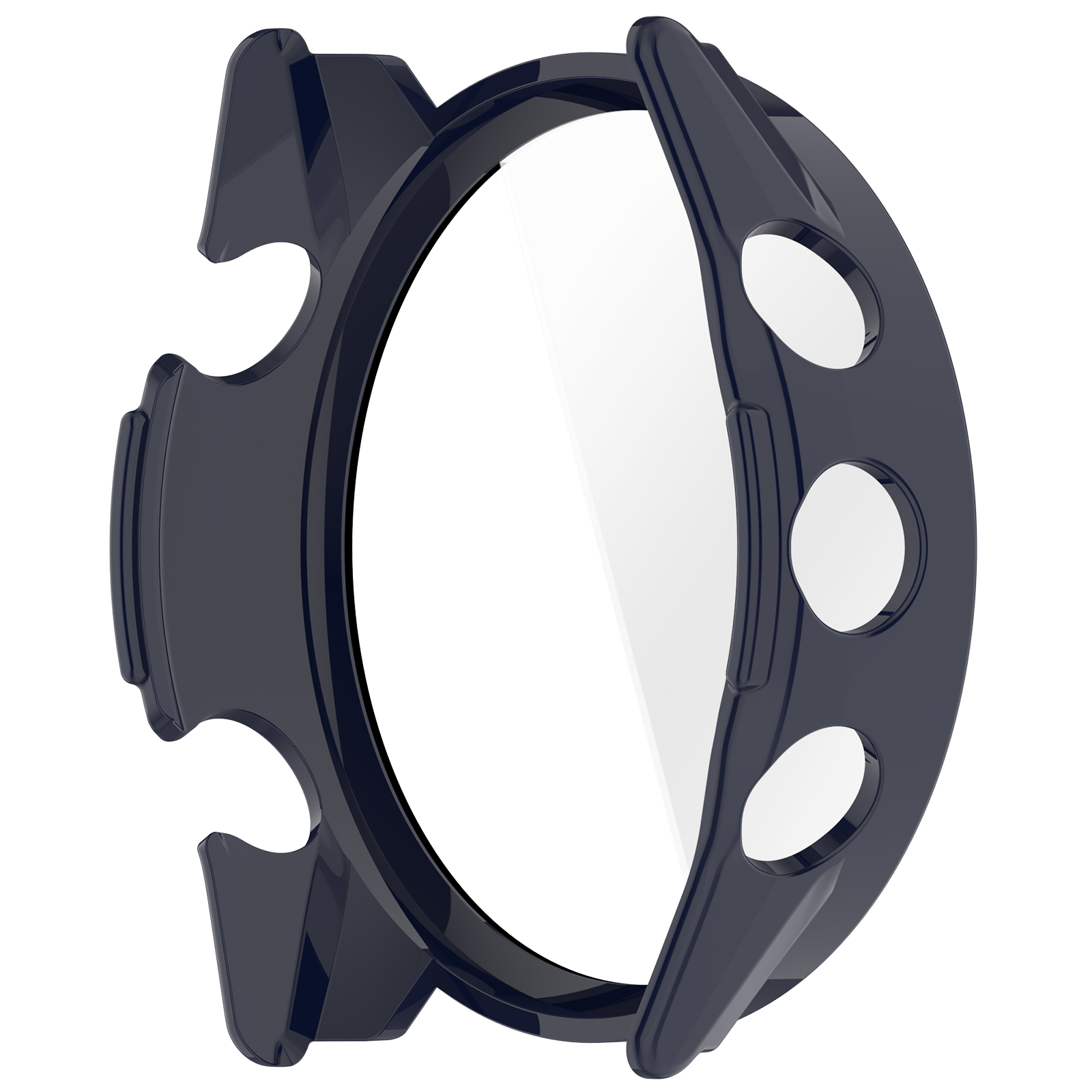 Una custodia protettiva blu scuro per orologio con protezione schermo trasparente. Ha tre aperture circolari.