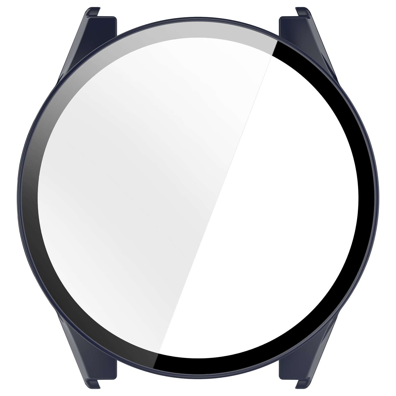 Una lunetta per smartwatch blu scuro con schermo bianco. La lunetta è circolare con bordo nero e attacchi laterali.