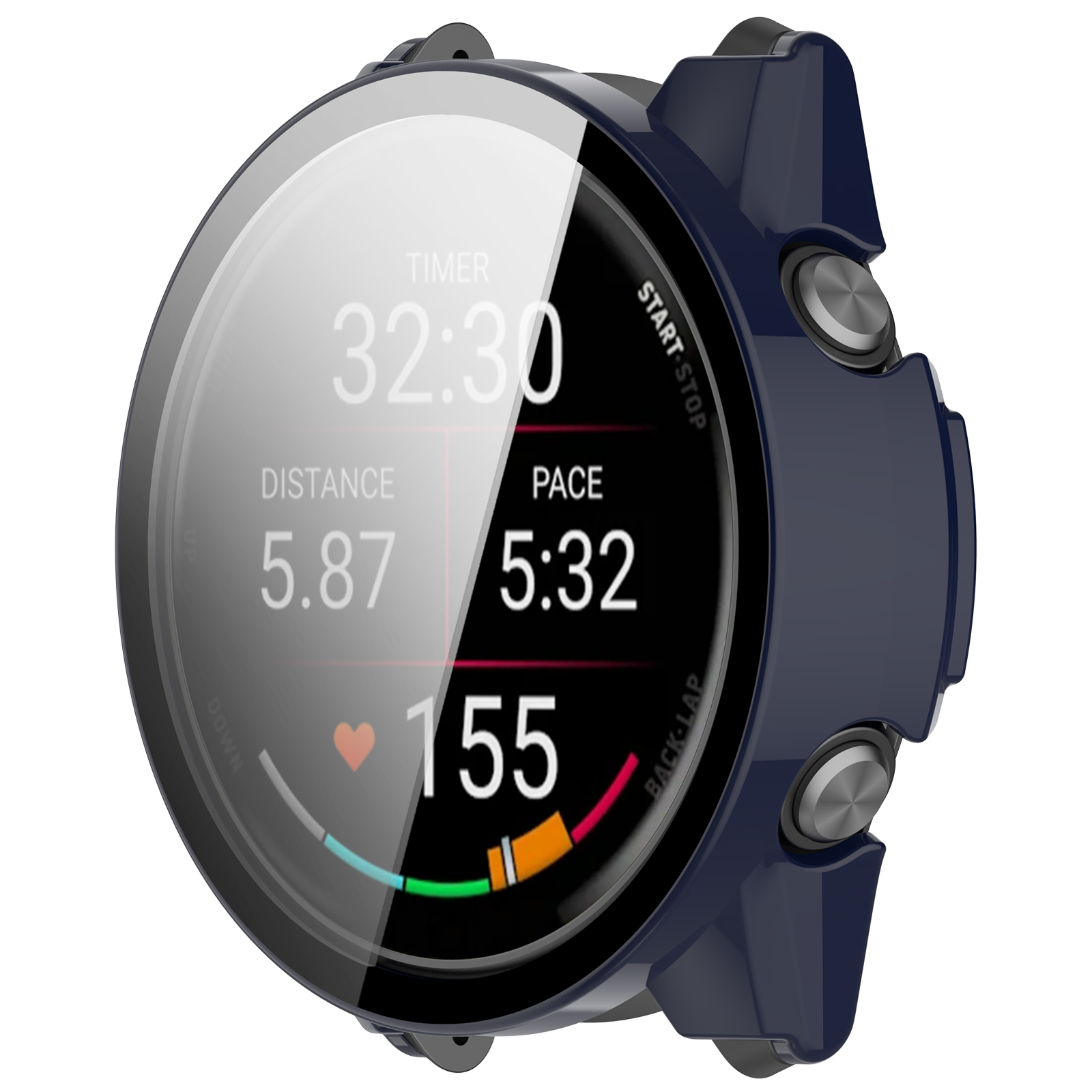 Uno smartwatch blu navy mostra dati di timer, distanza, passo e frequenza cardiaca. Due pulsanti sono sul lato destro dell'orologio.