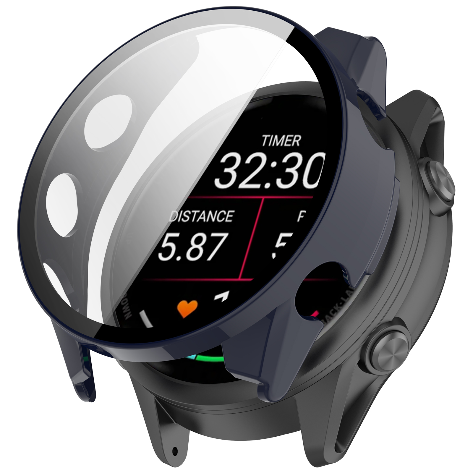 Uno smartwatch con schermo che mostra il timer 32:30 e la distanza 5.87. Ha una cover protettiva.