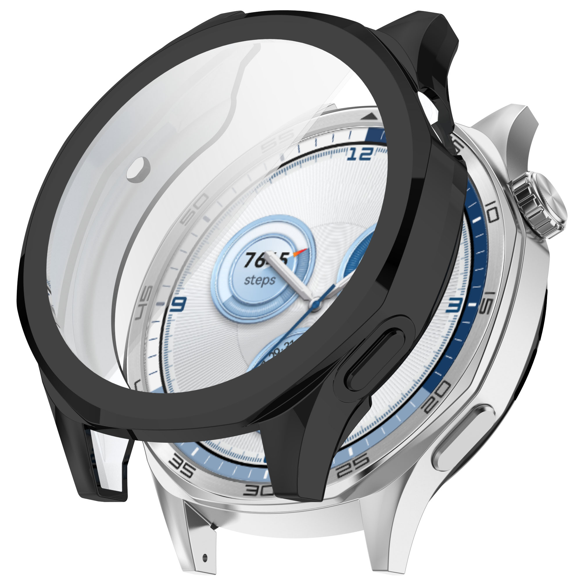 Primo piano di uno smartwatch con una protezione nera. Il quadrante è bianco con dettagli blu e mostra il conteggio dei passi.