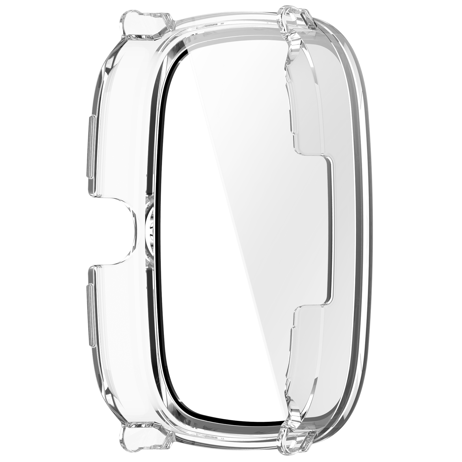 Una custodia protettiva trasparente per smartwatch. La custodia ha una forma rettangolare arrotondata con ritagli.
