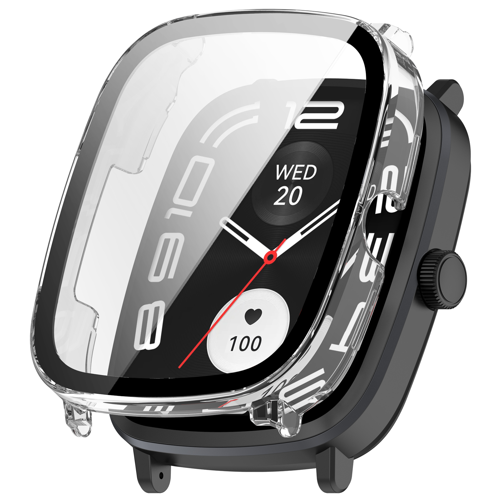 Uno smartwatch con una copertura protettiva trasparente. Il quadrante mostra l'ora e la data. L'orologio ha cassa e cinturino neri.