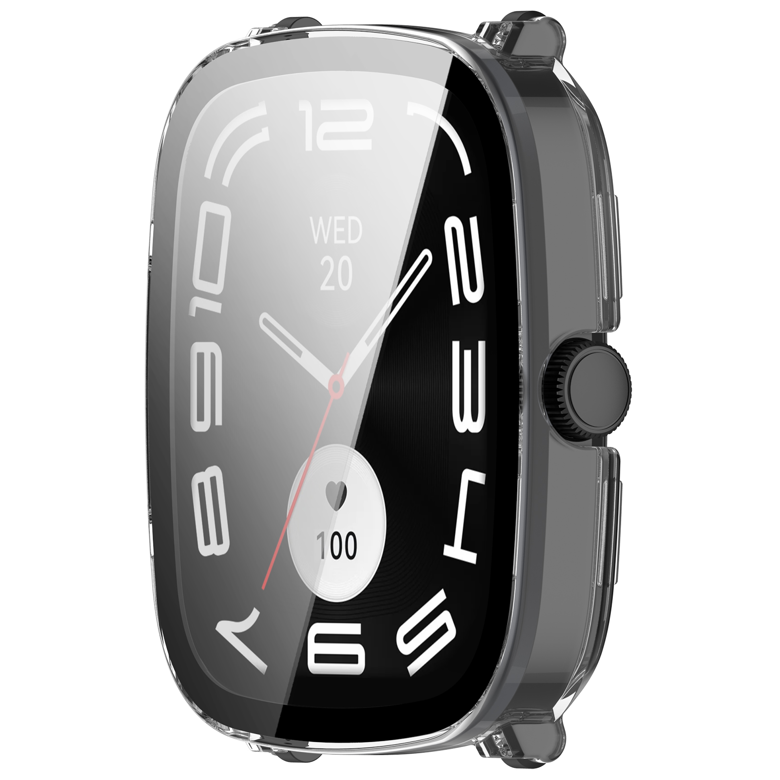 Una protezione per lo schermo dello smartwatch con una cornice trasparente. L'orologio mostra la data, l'ora e un cardiofrequenzimetro.