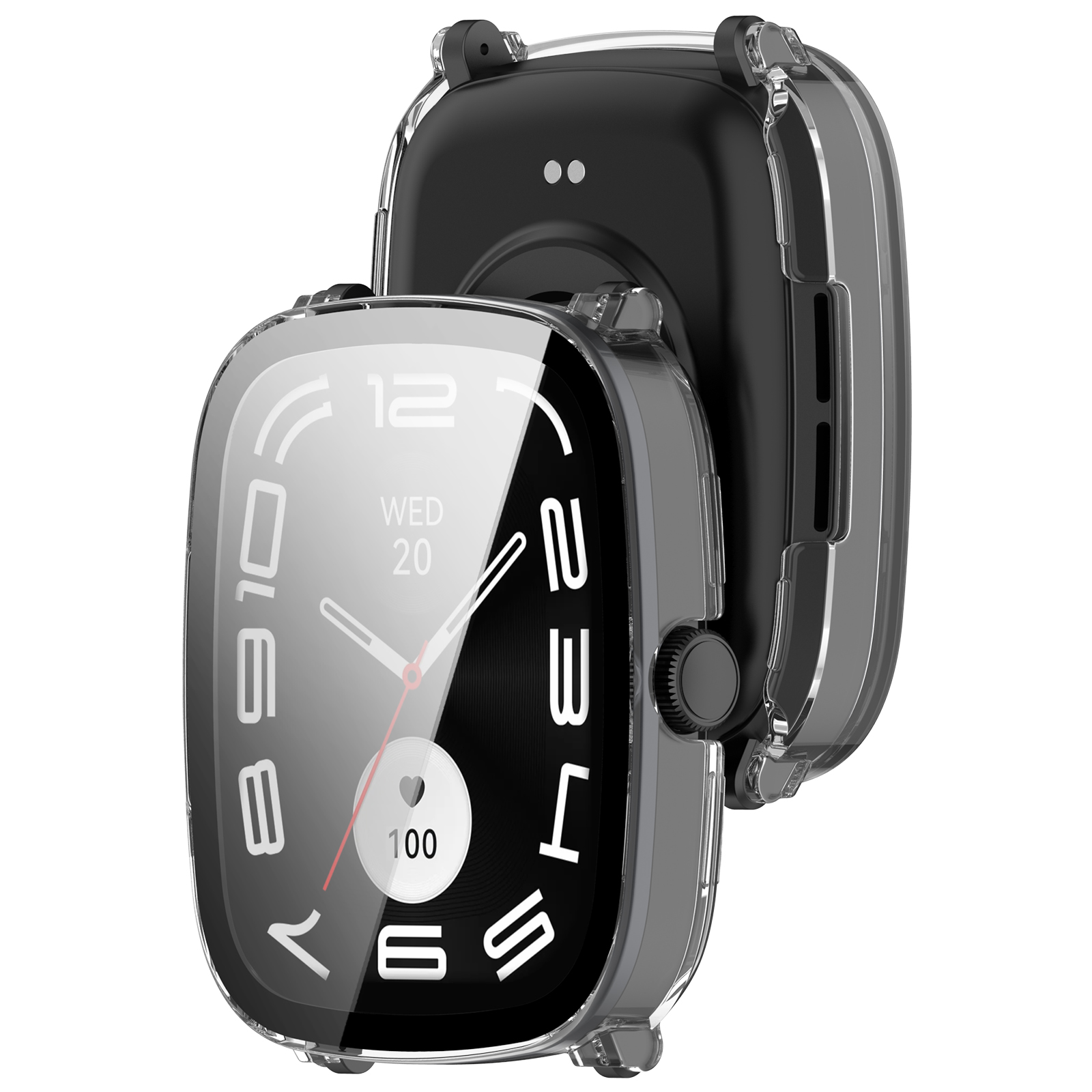 Smartwatch con custodia trasparente. Lo schermo mostra l'ora, la data e la frequenza cardiaca. Un secondo orologio è dietro.