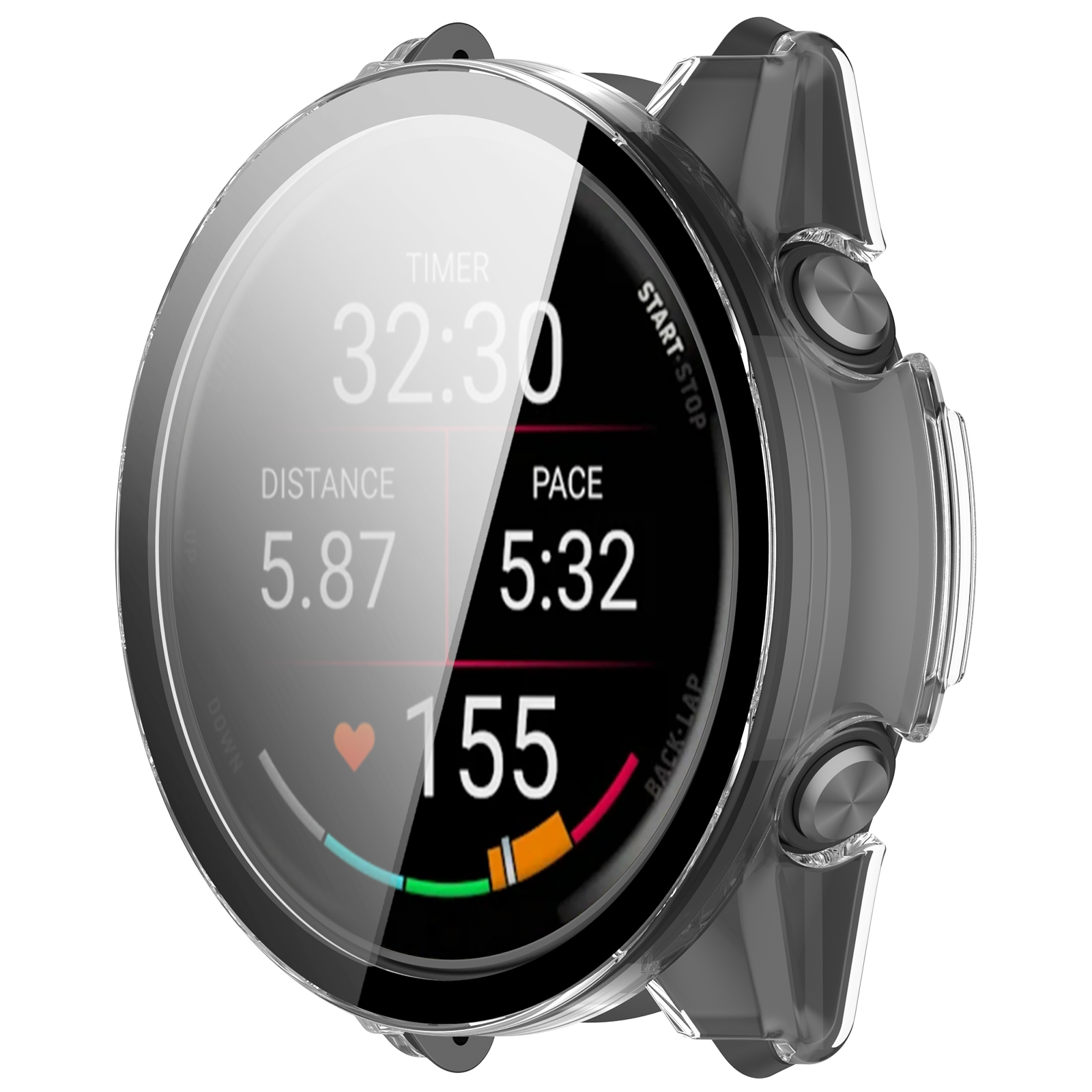 Uno smartwatch mostra timer, distanza, passo e frequenza cardiaca. Ha cassa trasparente e pulsanti.