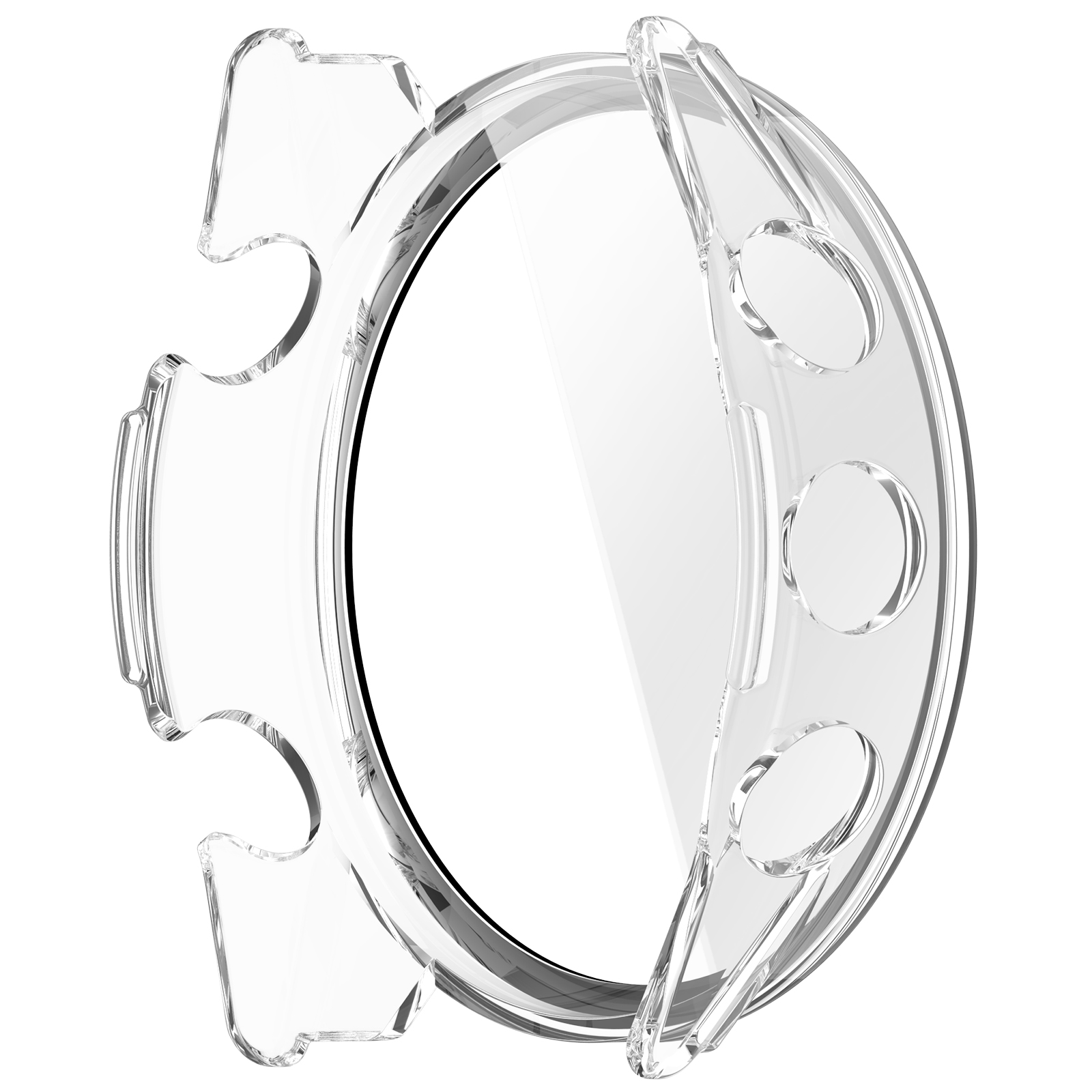 Custodia per orologio in plastica trasparente, parzialmente aperta, su sfondo bianco. Mostra forma circolare e aperture.