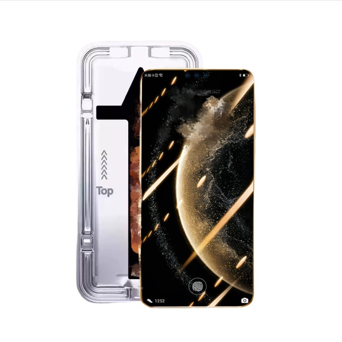 Un smartphone con protector de pantalla. El teléfono muestra una imagen similar a una galaxia. El protector es transparente con 'Top' y flechas.