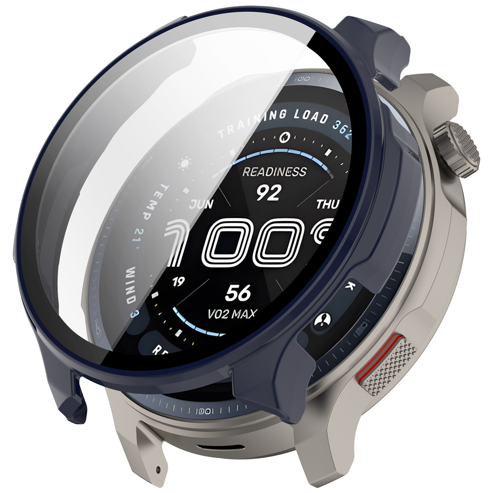 Uno smartwatch con lunetta blu scuro e schermo trasparente che mostra dati. La cassa dell'orologio è argentata.