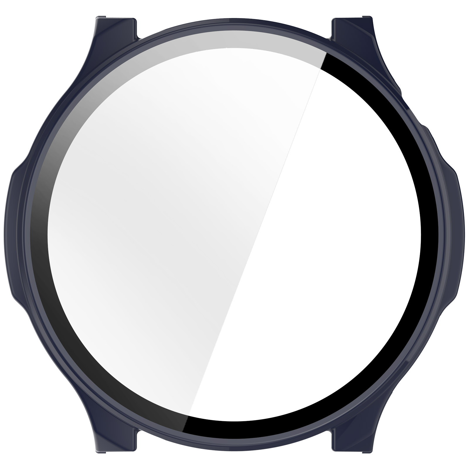 Una lunetta per orologio blu scuro con uno schermo trasparente e riflettente. La lunetta ha una forma arrotondata con quattro estensioni angolari.