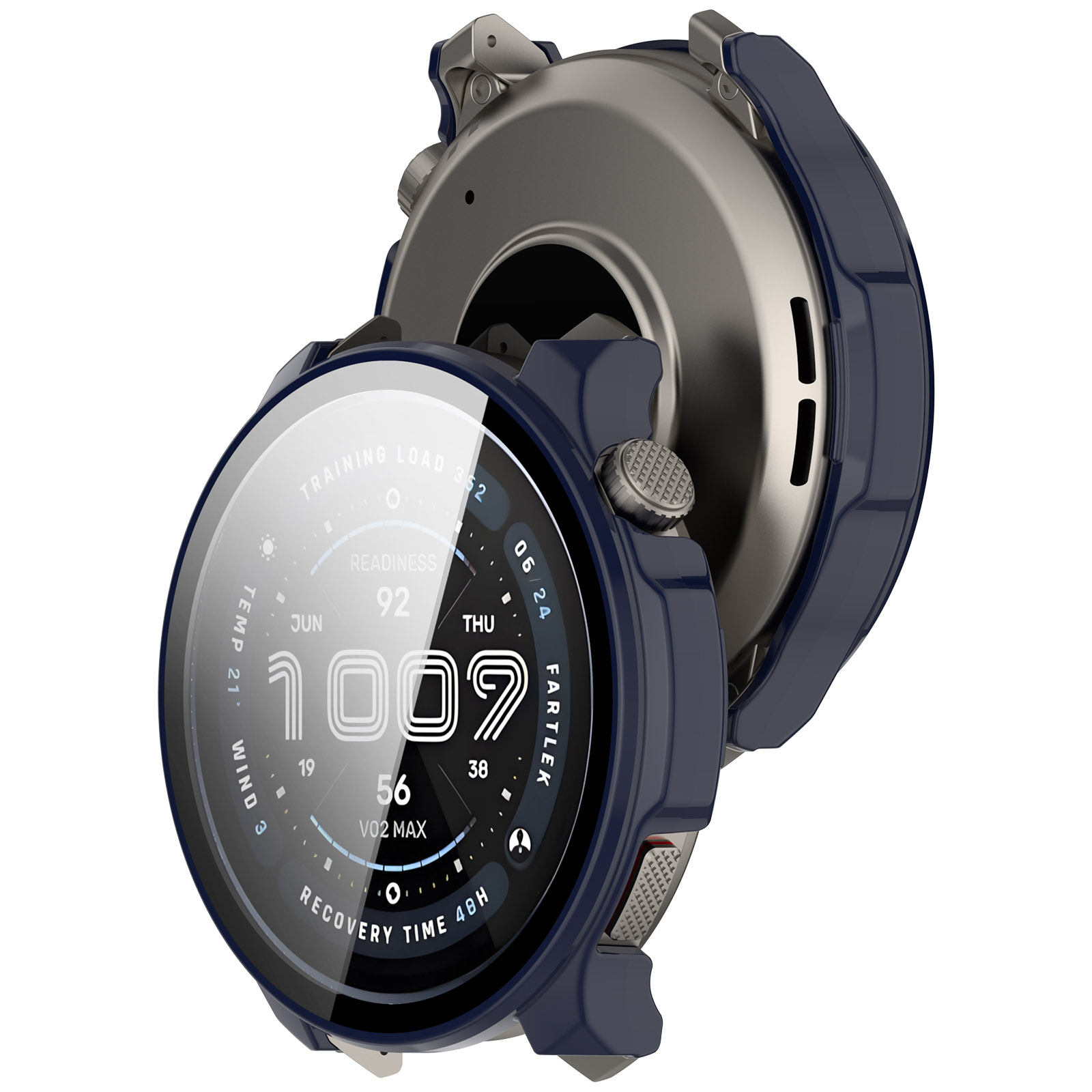 Uno smartwatch blu scuro che mostra dati, tra cui ora, prontezza e tempo di recupero. L'orologio è parzialmente smontato.