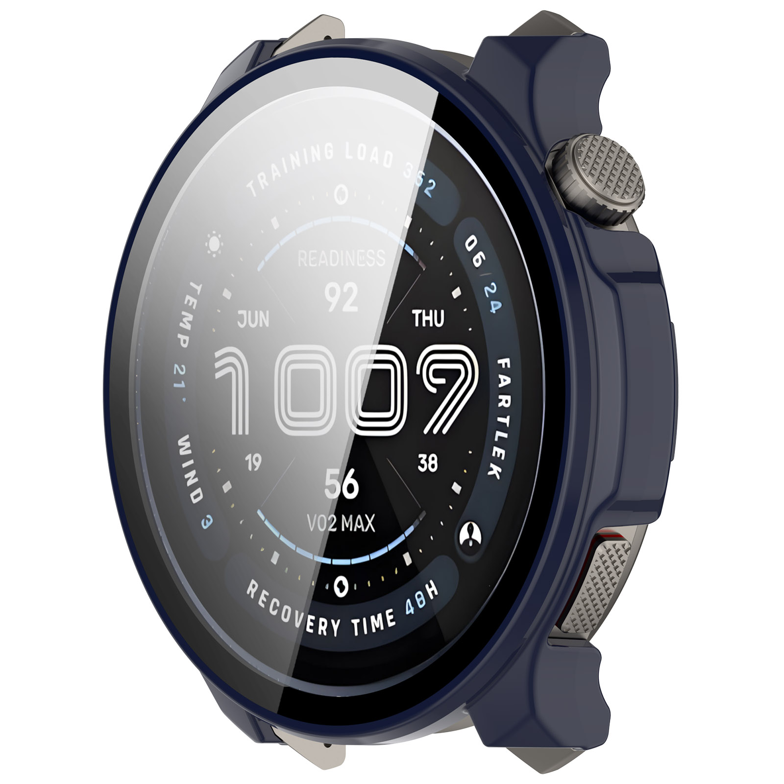 Uno smartwatch blu navy mostra ora, data e metriche sanitarie come preparazione e VO2 max.