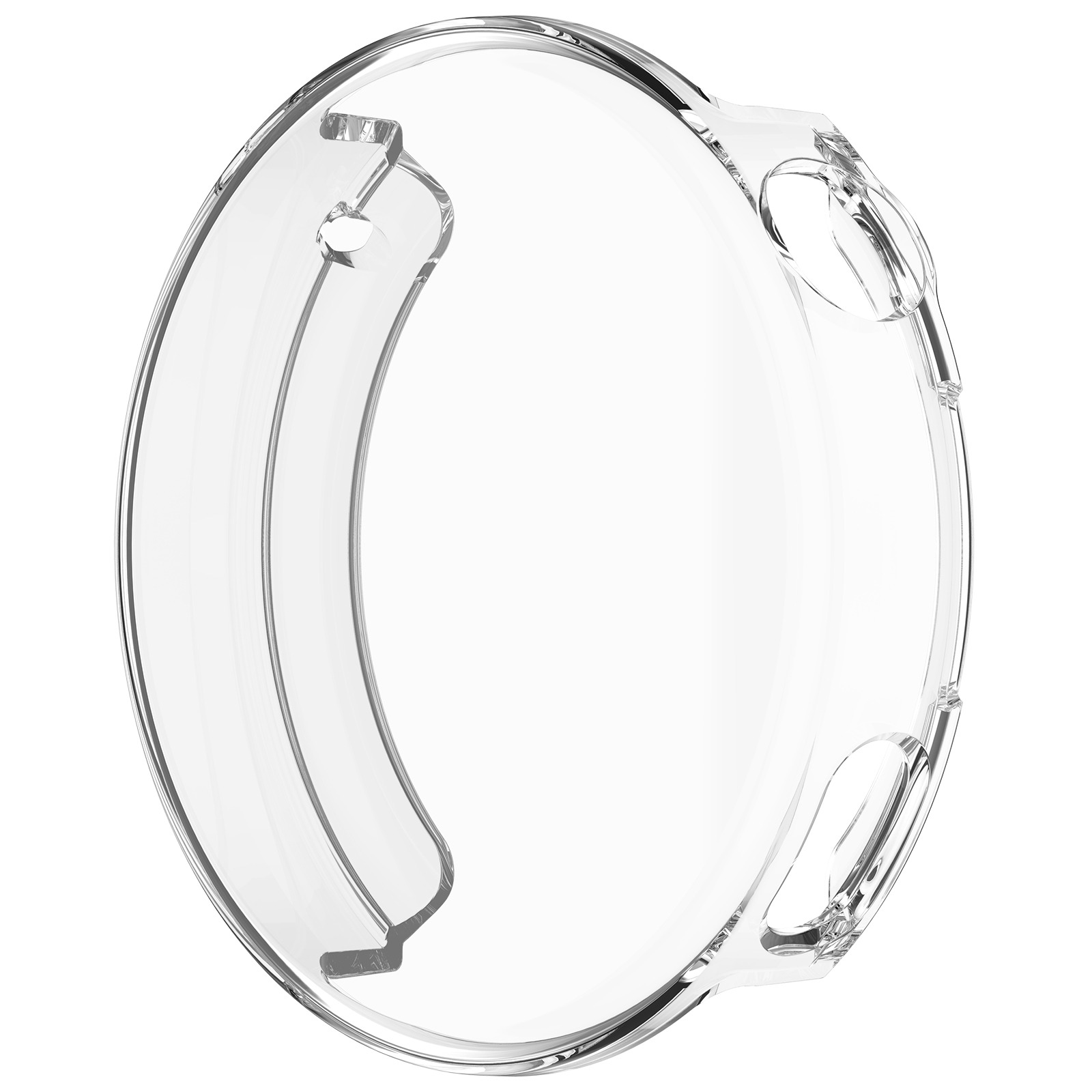 Una custodia per orologio in plastica trasparente. Ha una forma curva con ritagli per pulsanti e sensori. Lo sfondo è bianco.