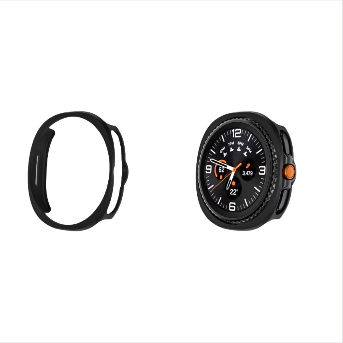 Uno smartwatch nero con un pulsante arancione. Accanto, una custodia protettiva nera. Lo sfondo è bianco.