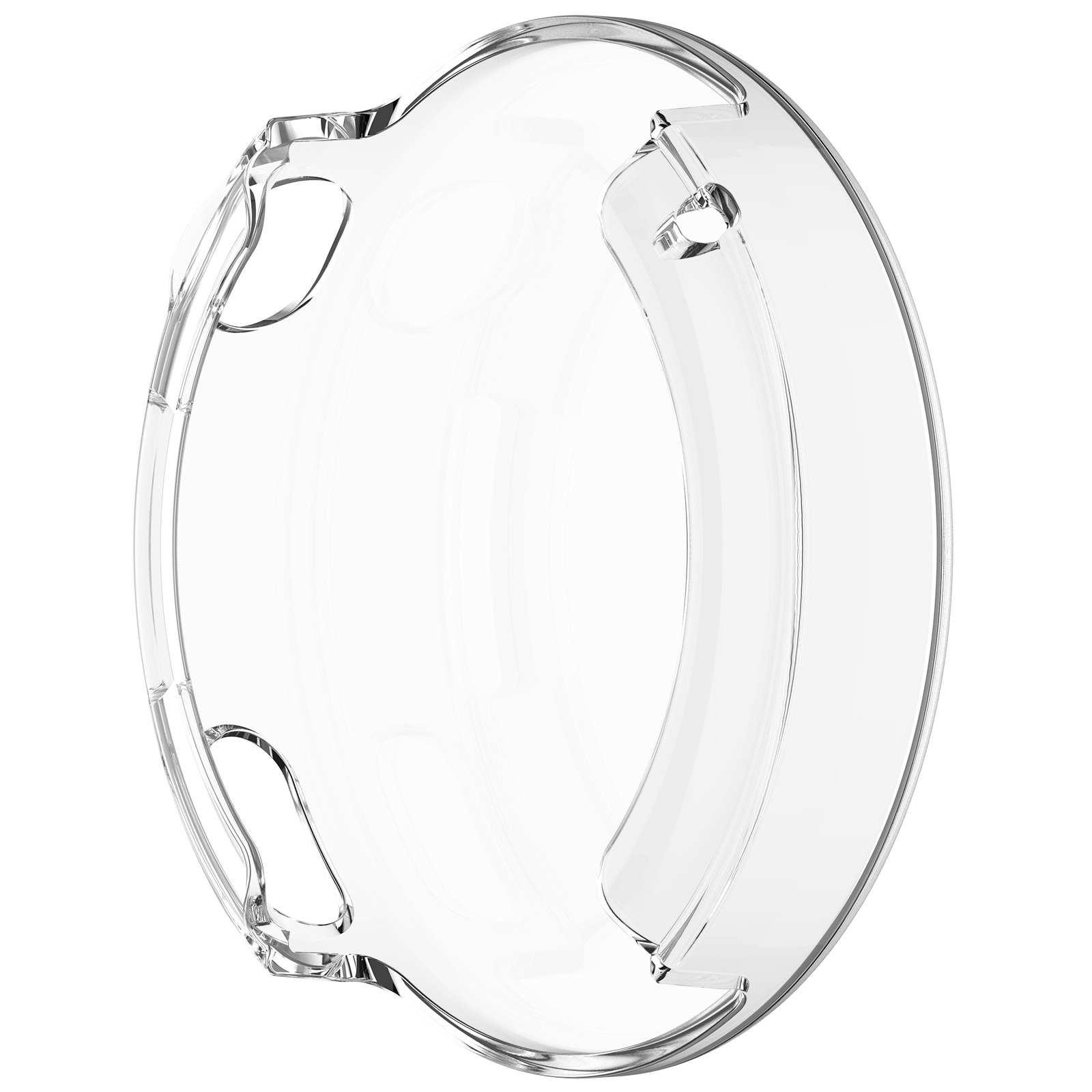 Una custodia in plastica trasparente per un dispositivo elettronico. Ha forma circolare con ritagli e su sfondo bianco.