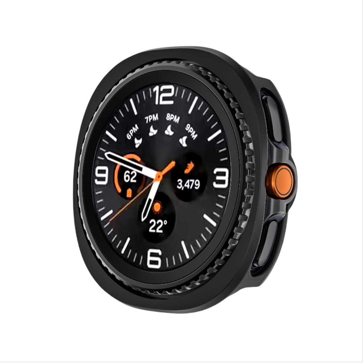 Uno smartwatch nero con un pulsante arancione. Il quadrante mostra ora, passi e temperatura, con lancette bianche e arancioni.