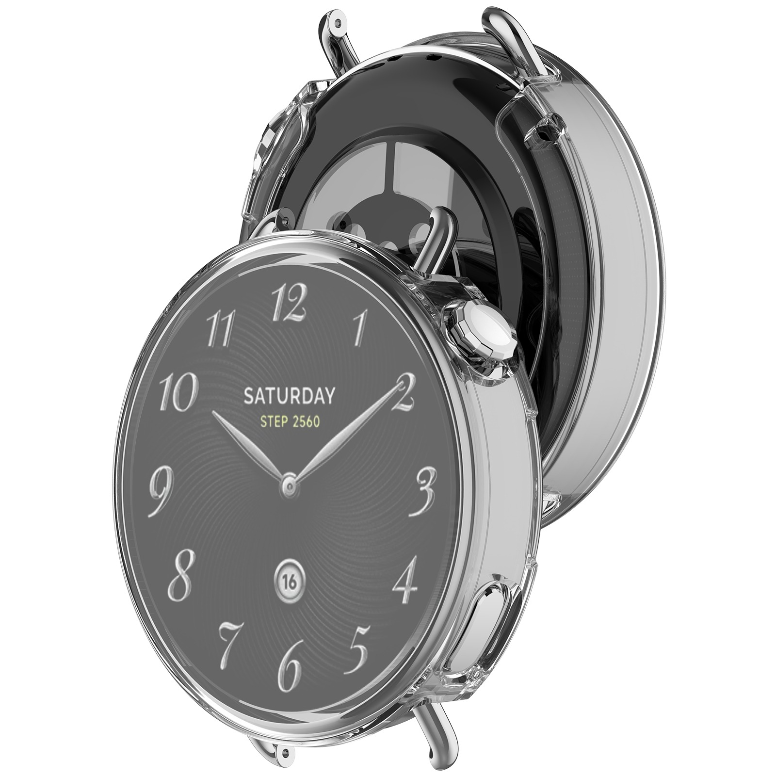 Un moderno orologio da polso, cassa argentata e copertura trasparente. Il quadrante è nero con numeri e lancette bianche.