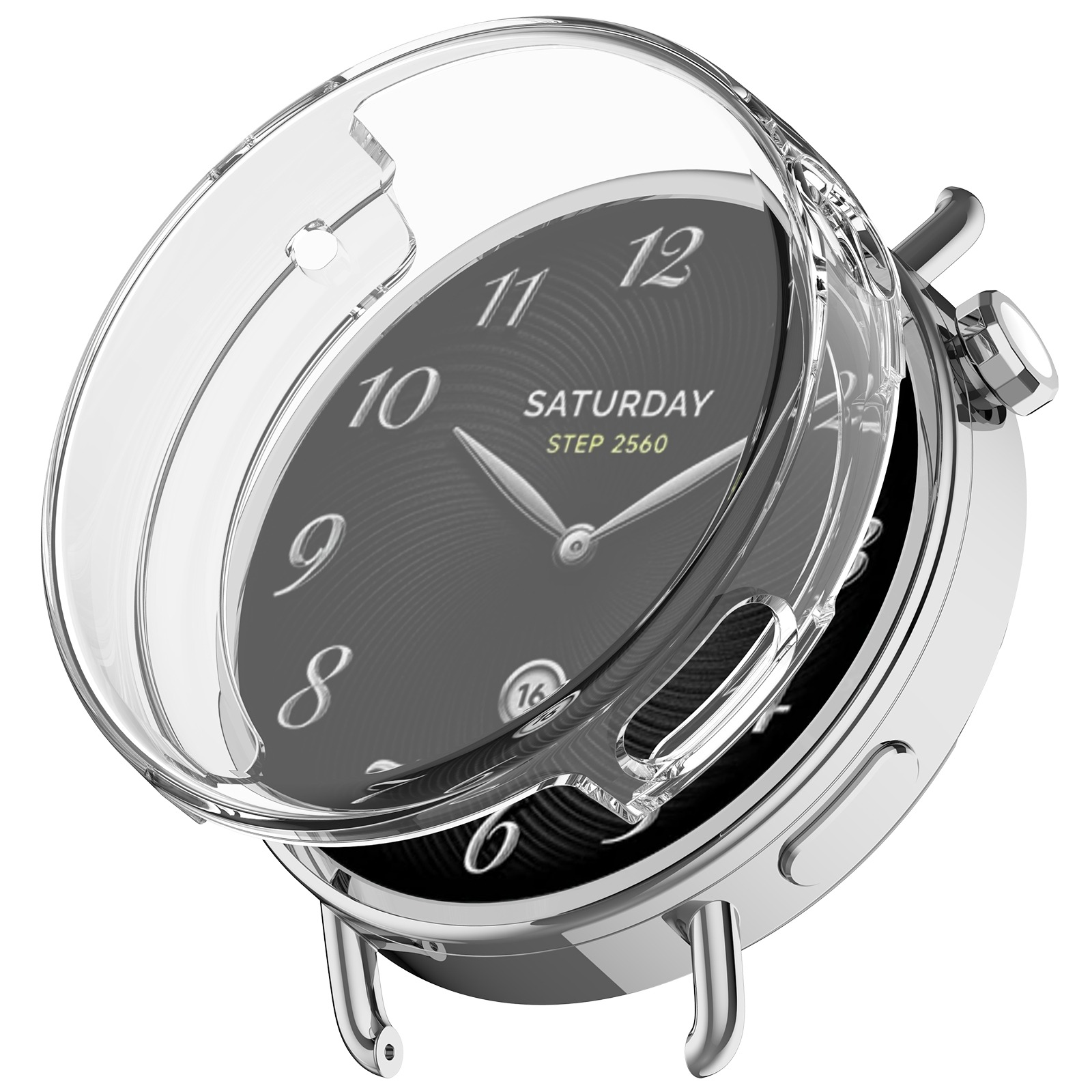 Primo piano di un orologio argentato con quadrante nero, copertura trasparente e data sabato. I numeri 6-12 sono visibili.