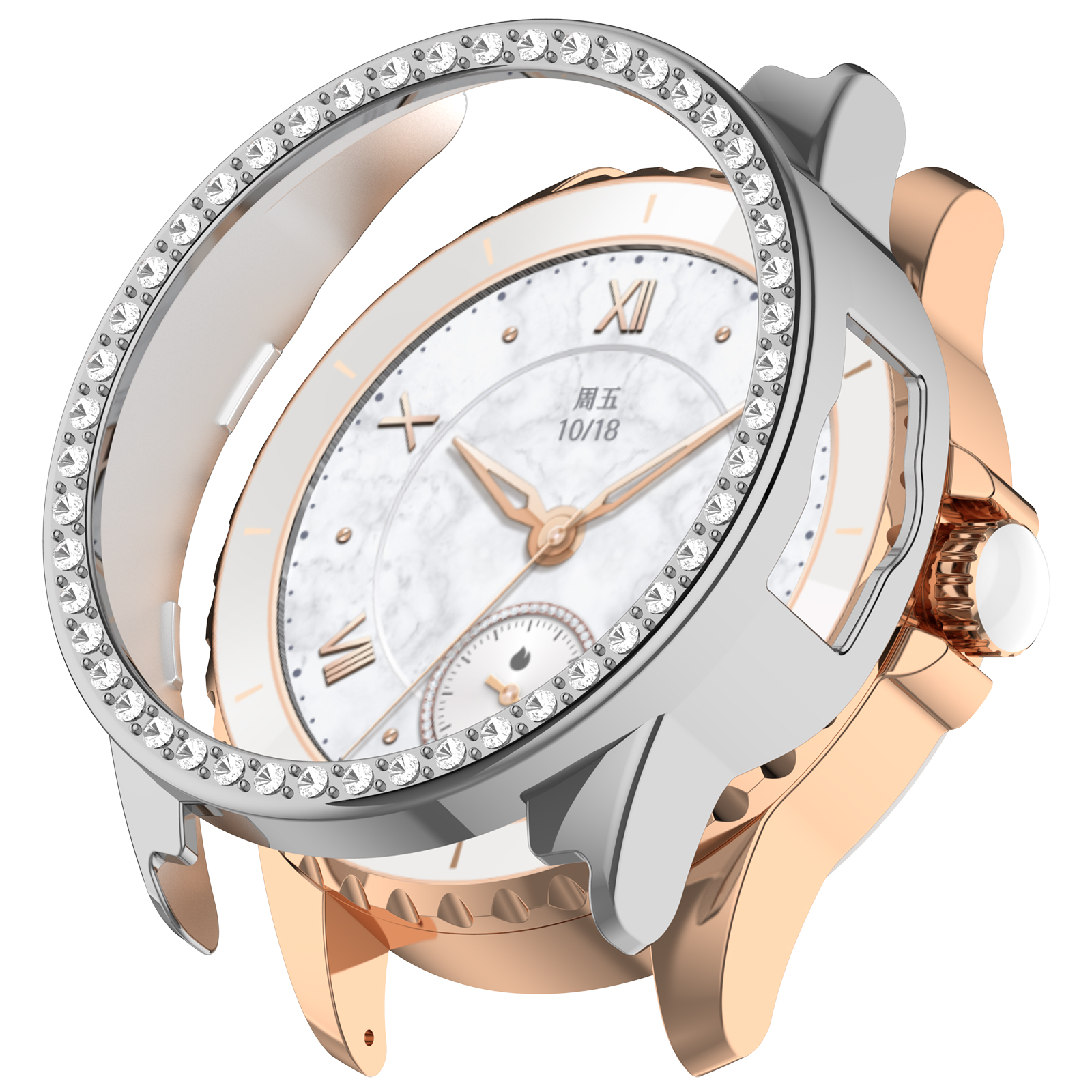 Un orologio di lusso con diamanti sulla lunetta. Il quadrante è bianco con numeri romani e lancette dorate.