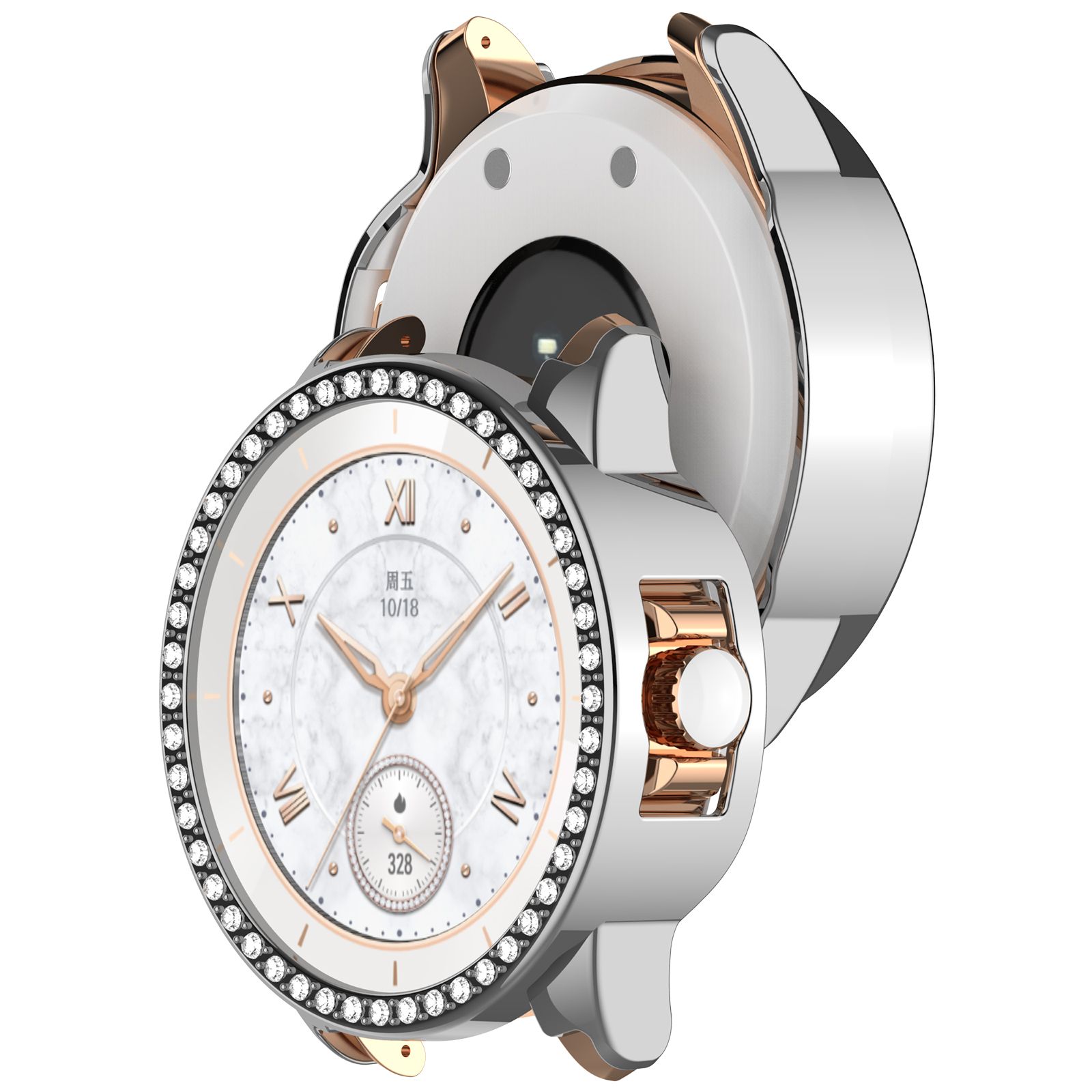 Primo piano di uno smartwatch con quadrante bianco, lancette dorate e lunetta tempestata di diamanti. Il cinturino è argento e oro.