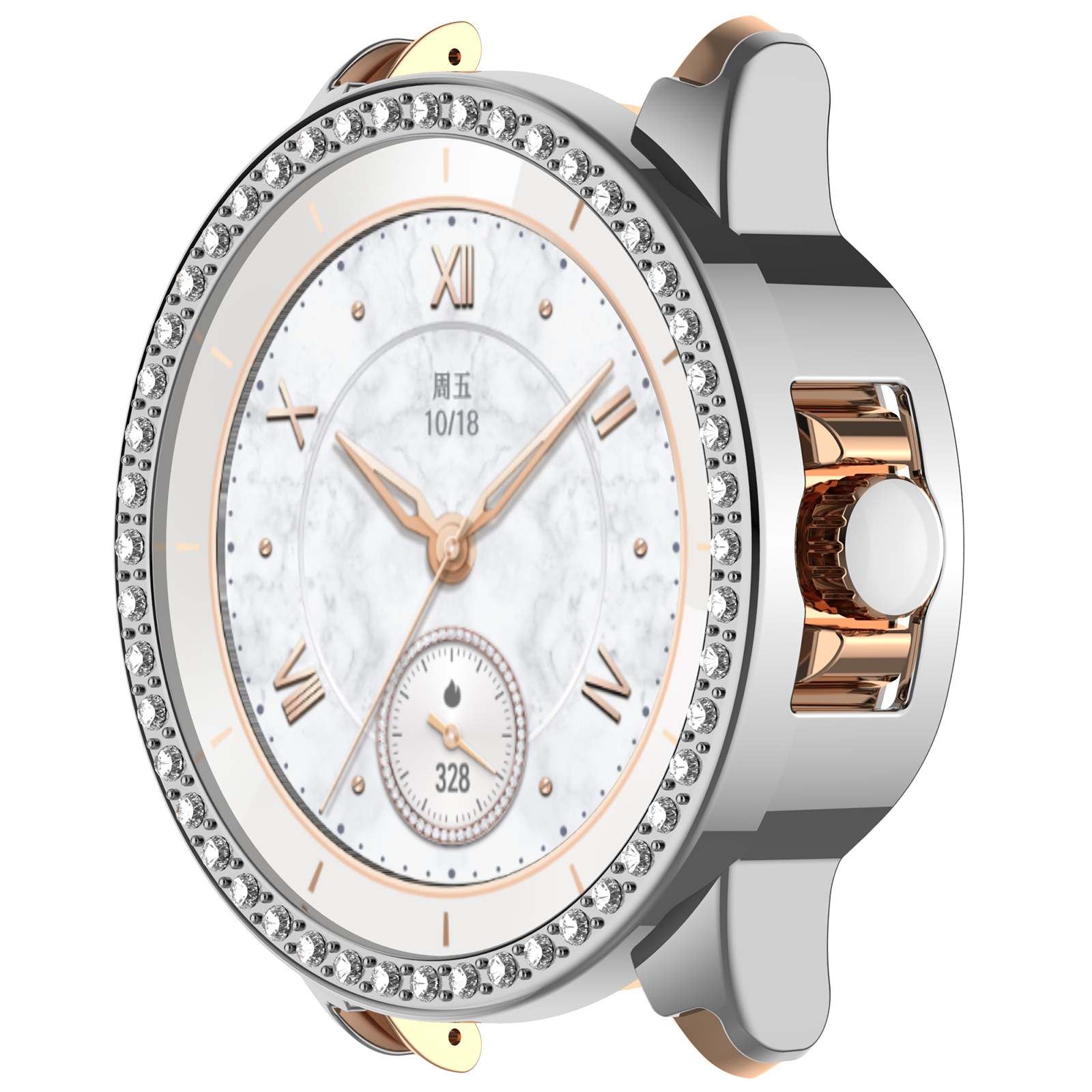 Primo piano di un lussuoso orologio da polso. Ha un quadrante bianco, lancette dorate e una lunetta tempestata di diamanti. La data è 18/10.