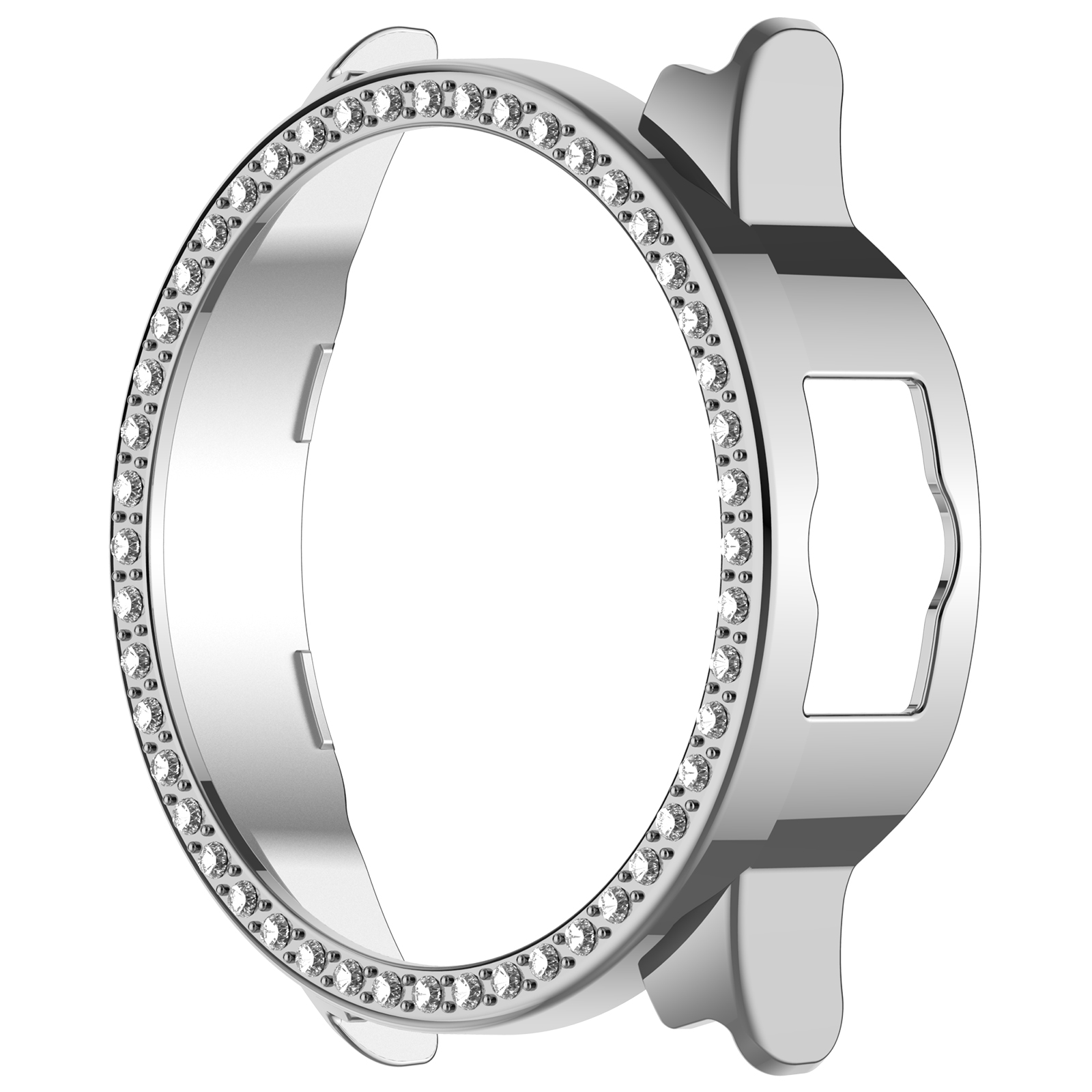 Una lunetta d'orologio argentata con un anello di piccoli cristalli trasparenti. La lunetta ha bordi curvi e una sezione ritagliata.