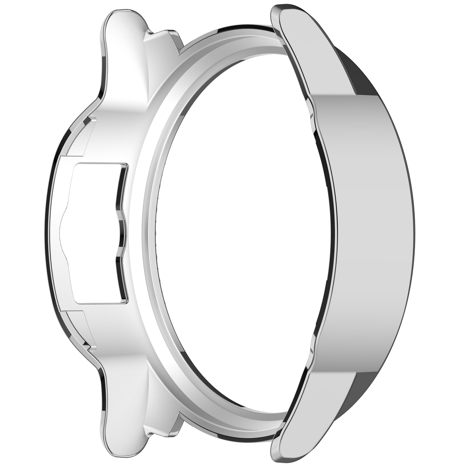 Una lunetta per orologio argentata lucida con un design liscio e curvo. Lo sfondo è bianco.