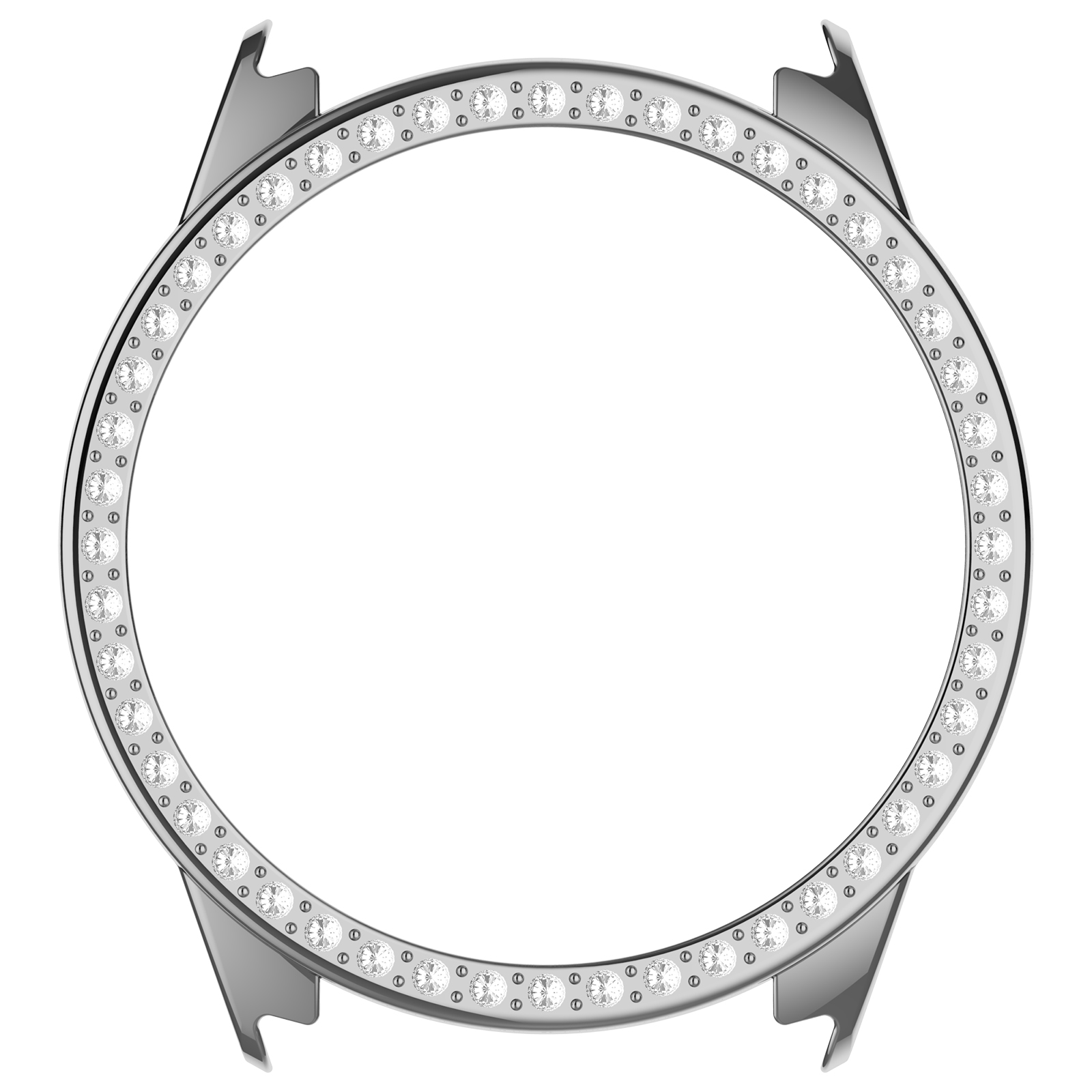 Una lunetta d'orologio argentata con un cerchio di cristalli trasparenti. La lunetta ha una finitura metallica ed è su sfondo bianco.