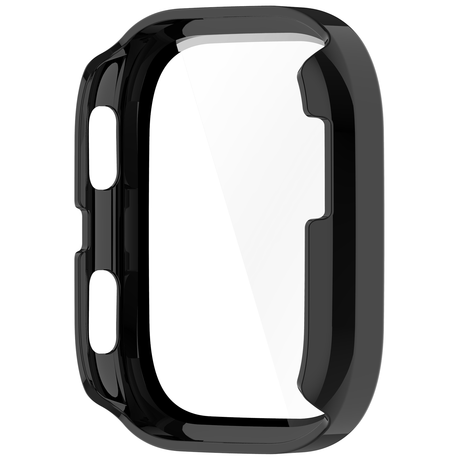 Una custodia nera per orologio con protezione schermo trasparente, su sfondo bianco. La custodia ha fori per i pulsanti.