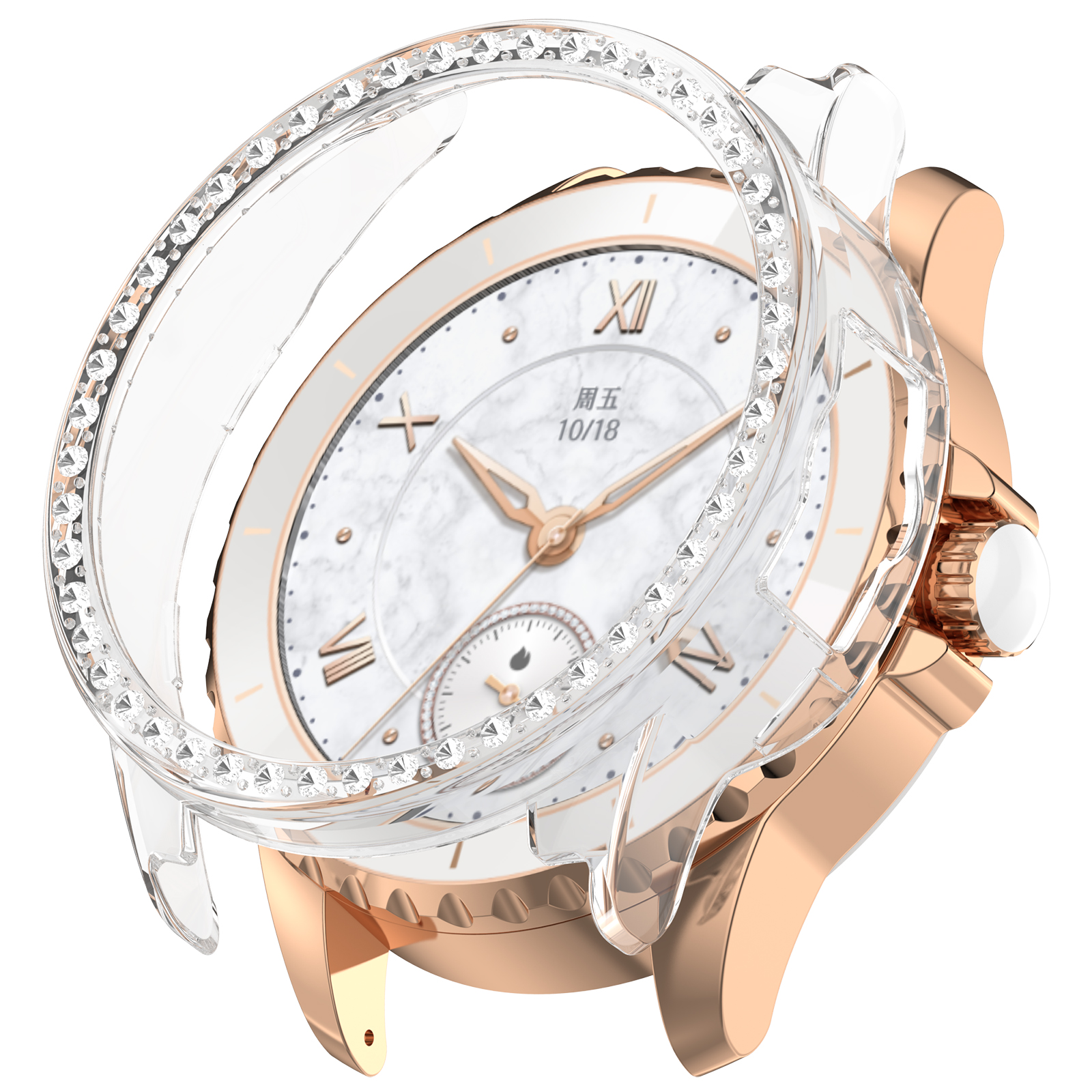 Un orologio in oro rosa con quadrante in marmo bianco, numeri romani e copertura protettiva trasparente con diamanti.