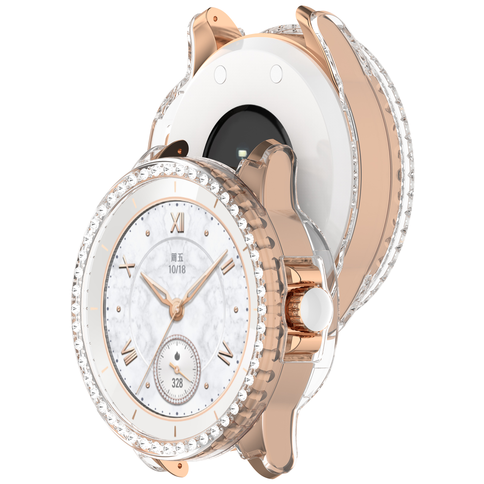 Uno smartwatch in oro rosa con quadrante bianco, numeri romani, un piccolo quadrante e una lunetta tempestata di cristalli. Il retro è bianco.