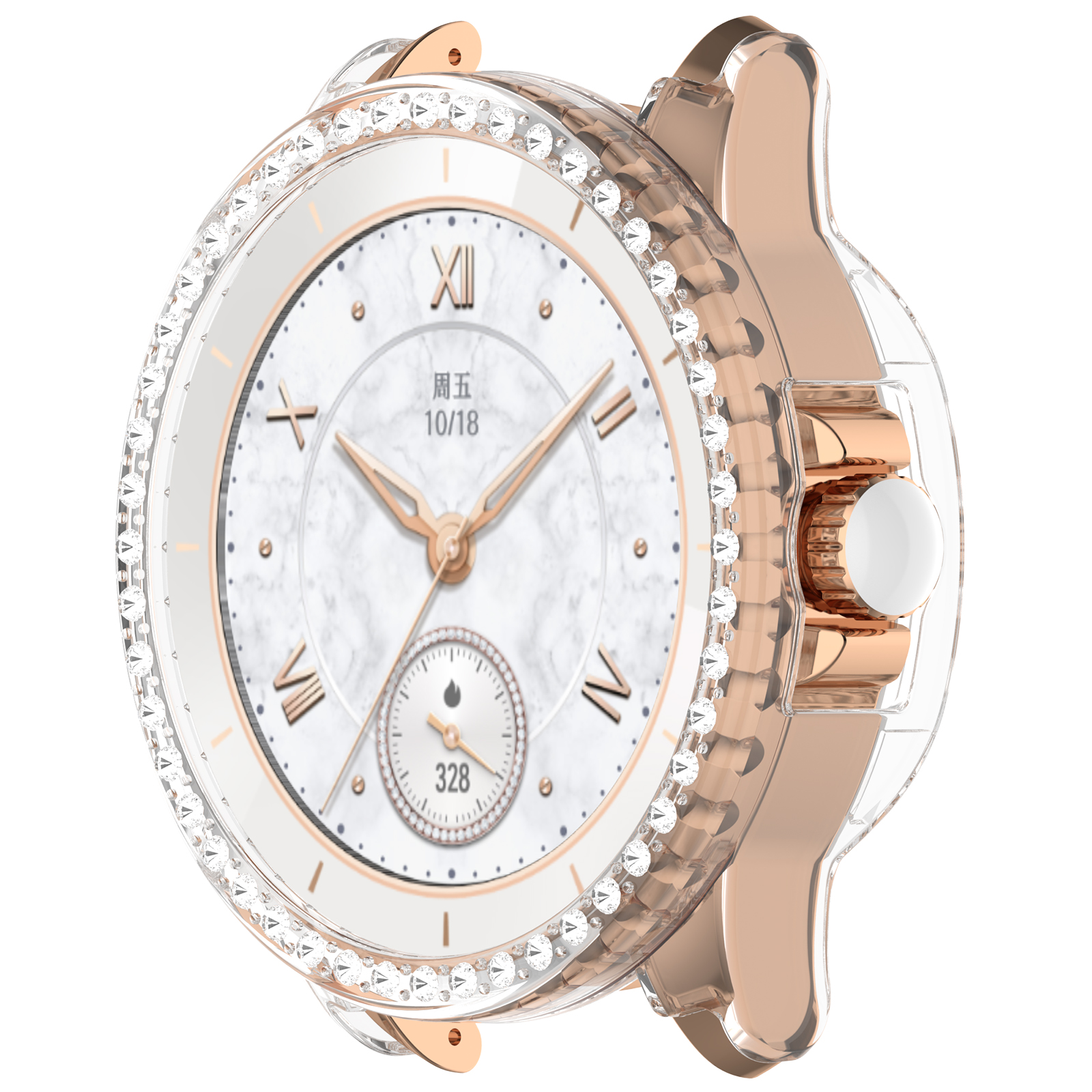Un orologio in oro rosa con quadrante bianco, dettagli di diamanti e un piccolo quadrante secondario. La data è 10/18. Sfondo bianco.
