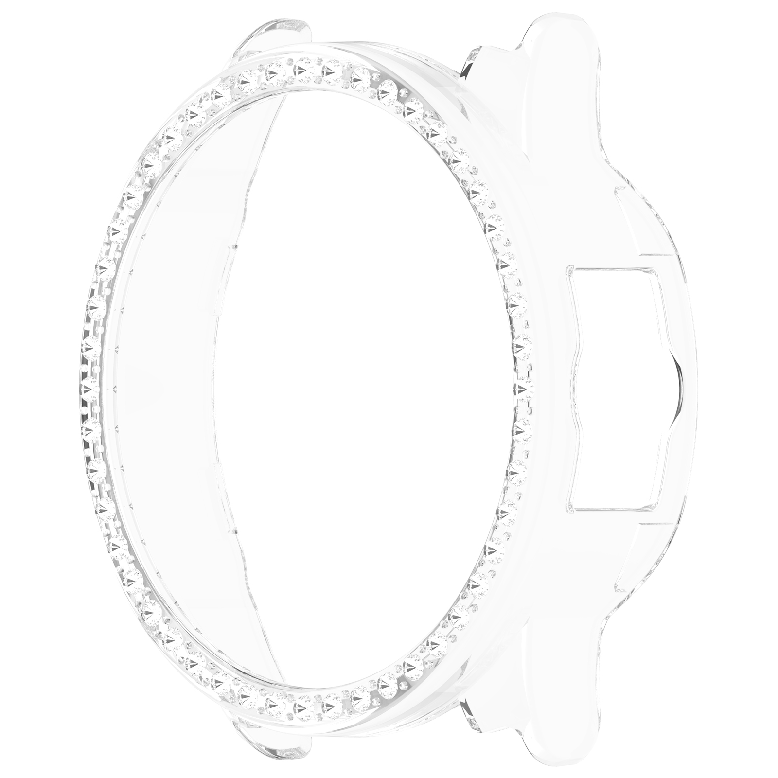Cassa orologio trasparente con lunetta tempestata di diamanti. Il design è trasparente, curvo, mostrando la forma dell'orologio.