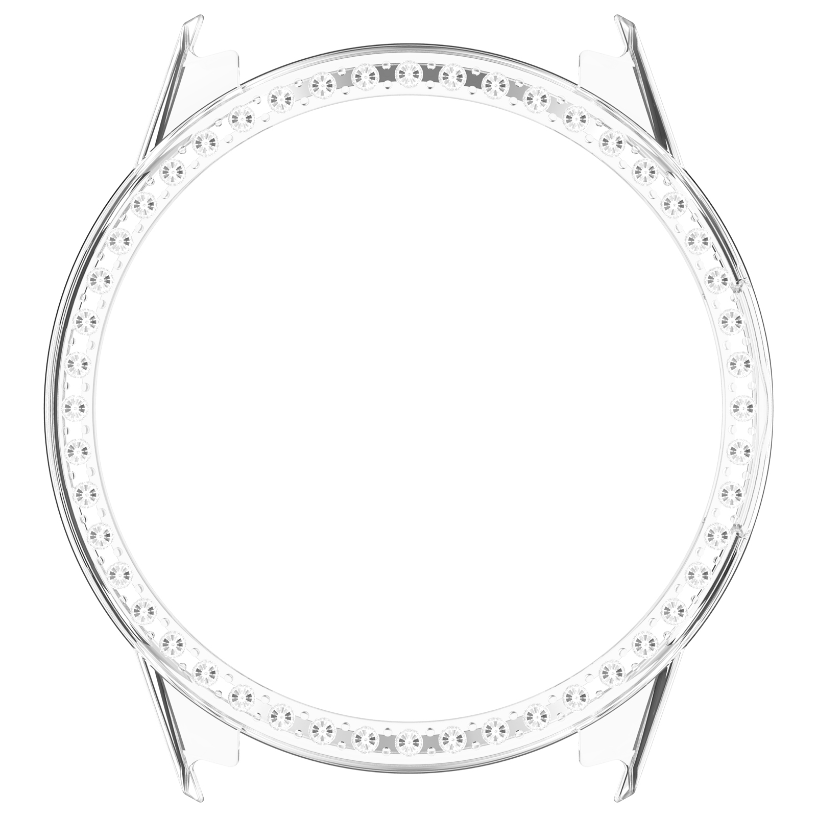 Una lunetta per orologio circolare trasparente con strass incastonati. Lo sfondo è bianco.