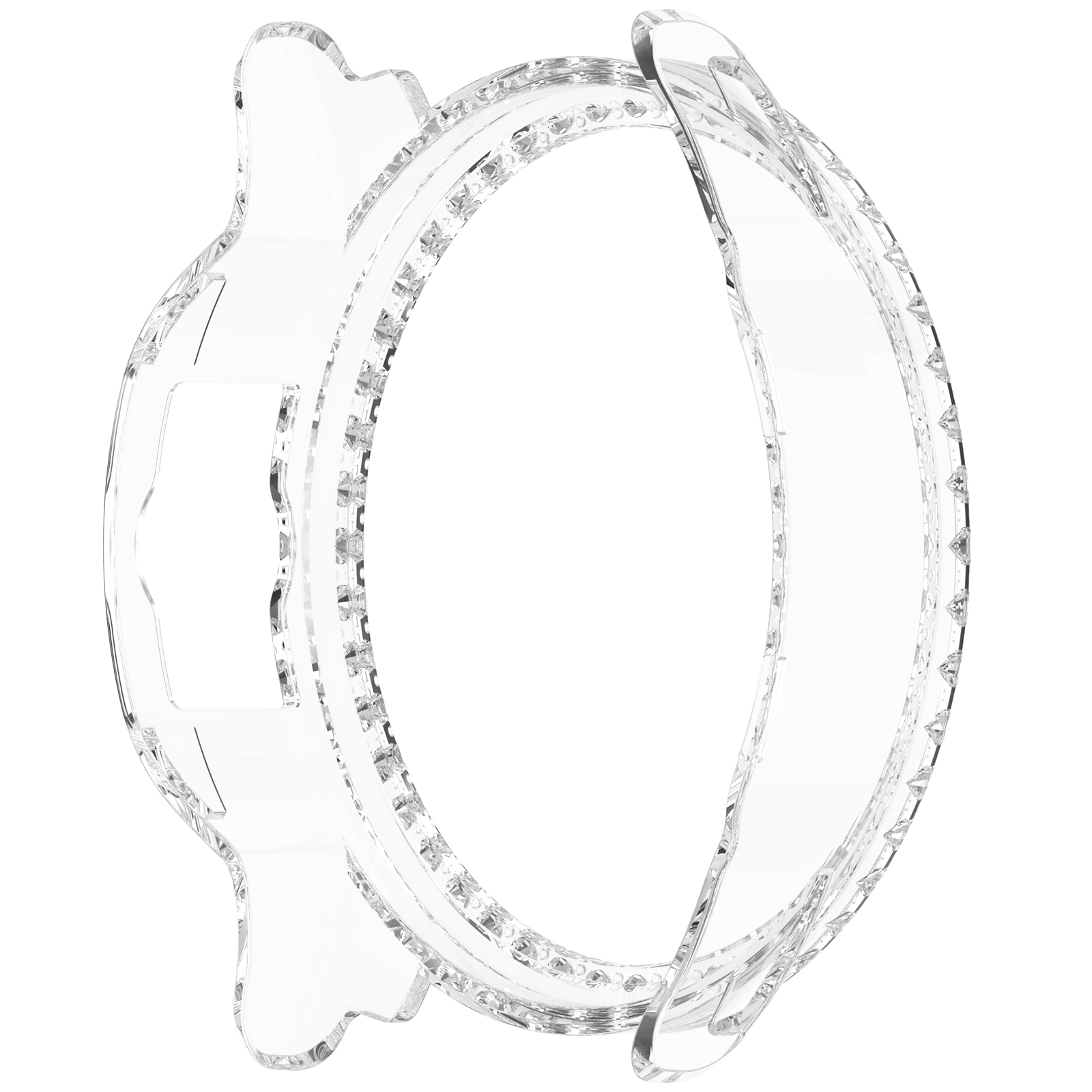 Custodia trasparente per orologio su sfondo bianco. Design circolare con bordo protettivo e serie di gemme.