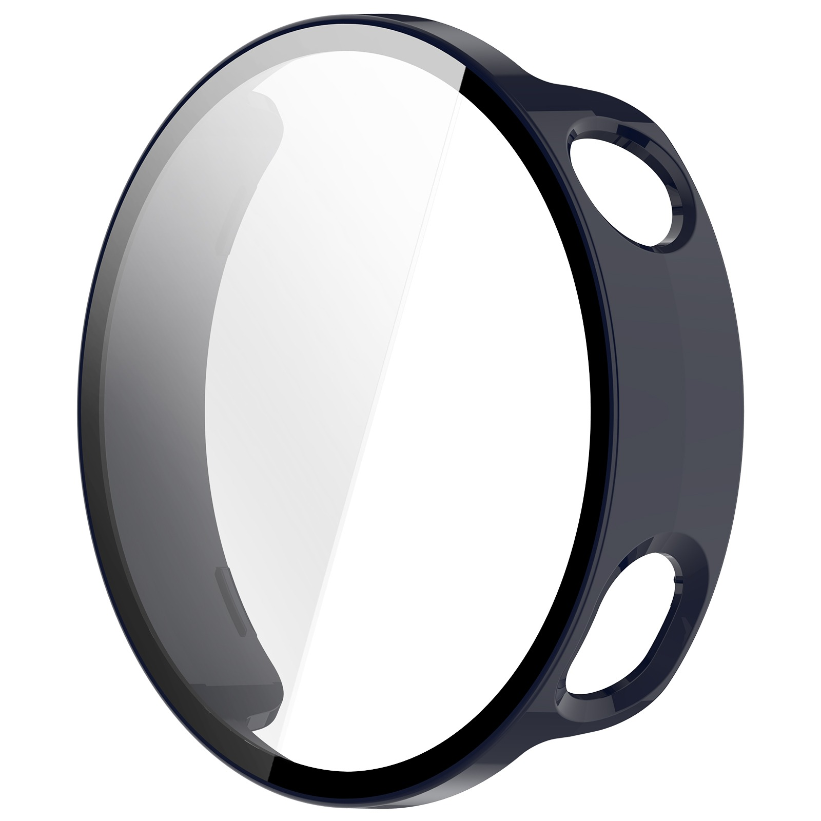 Un proteggi schermo per smartwatch blu scuro, circolare con due fori laterali, su sfondo bianco.