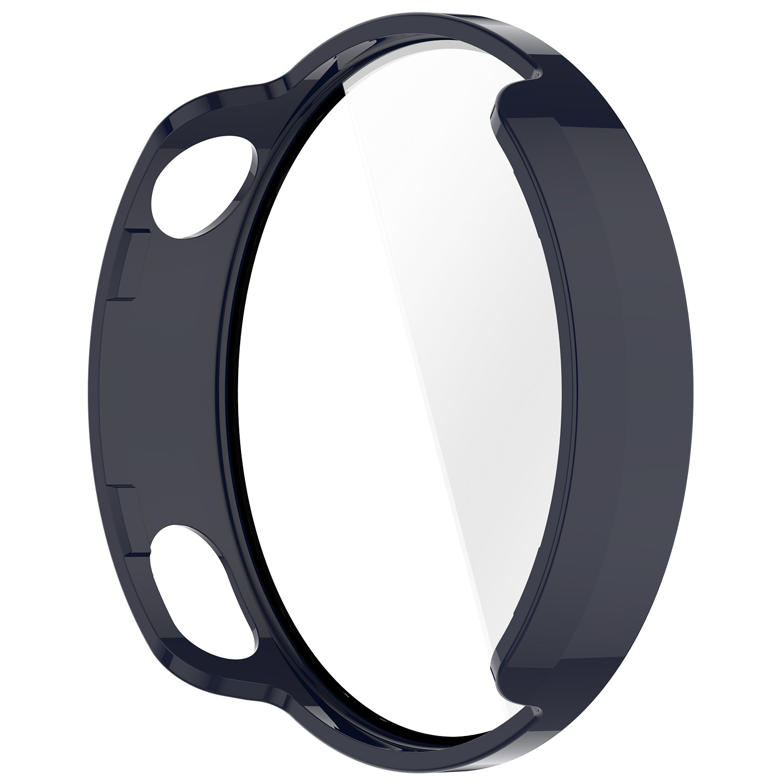 Custodia per orologio blu scuro con protezione schermo trasparente. La custodia ha due fori ed è su sfondo bianco.