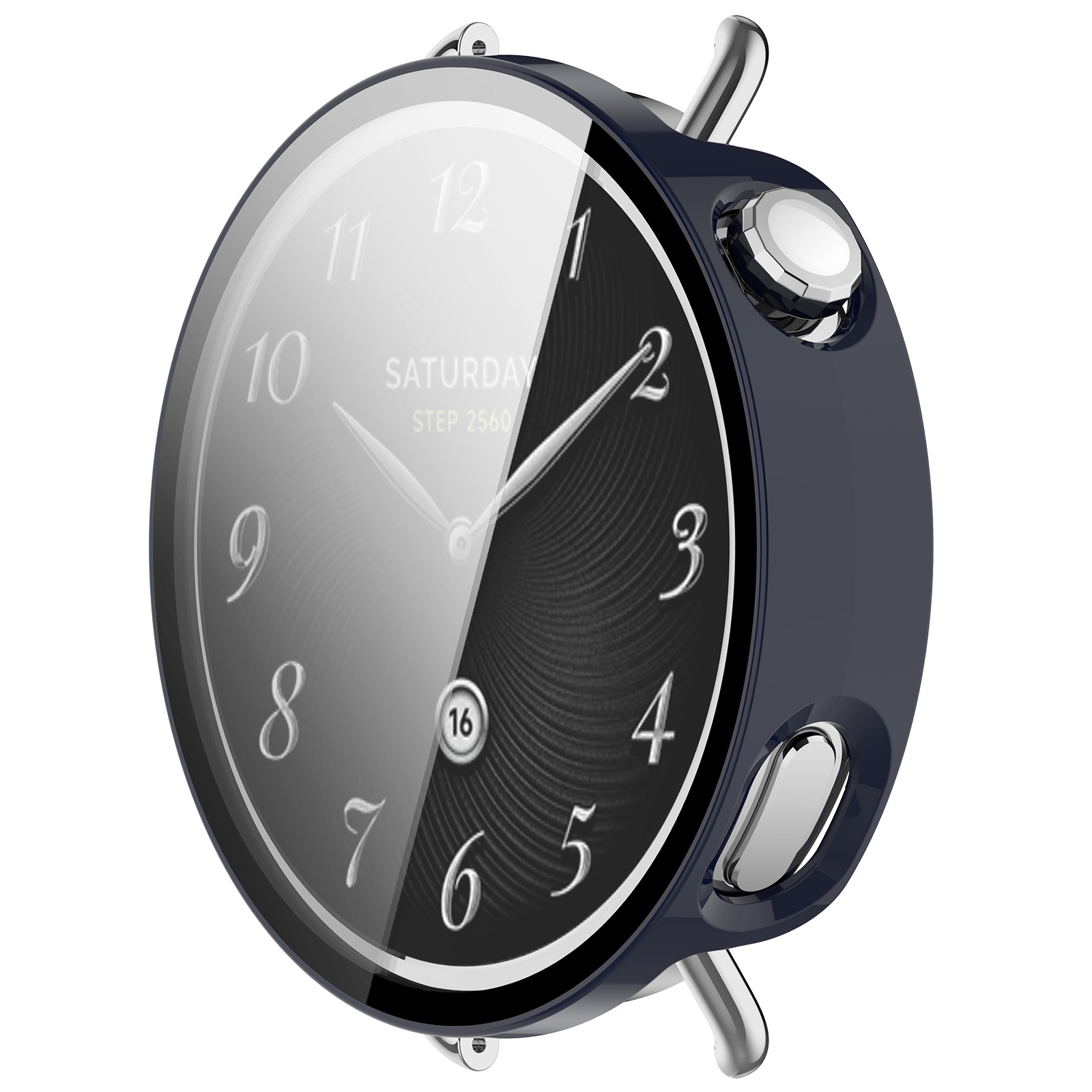 Primo piano di uno smartwatch, cassa blu navy, quadrante bicolore con numeri, lancette argentate e due pulsanti.
