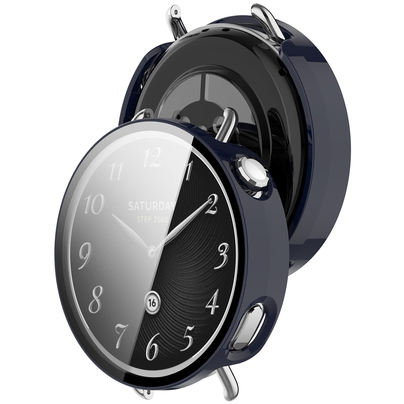 Uno smartwatch blu navy che mostra l'ora. L'orologio ha un quadrante nero e argento, con lancette e numeri argentati.