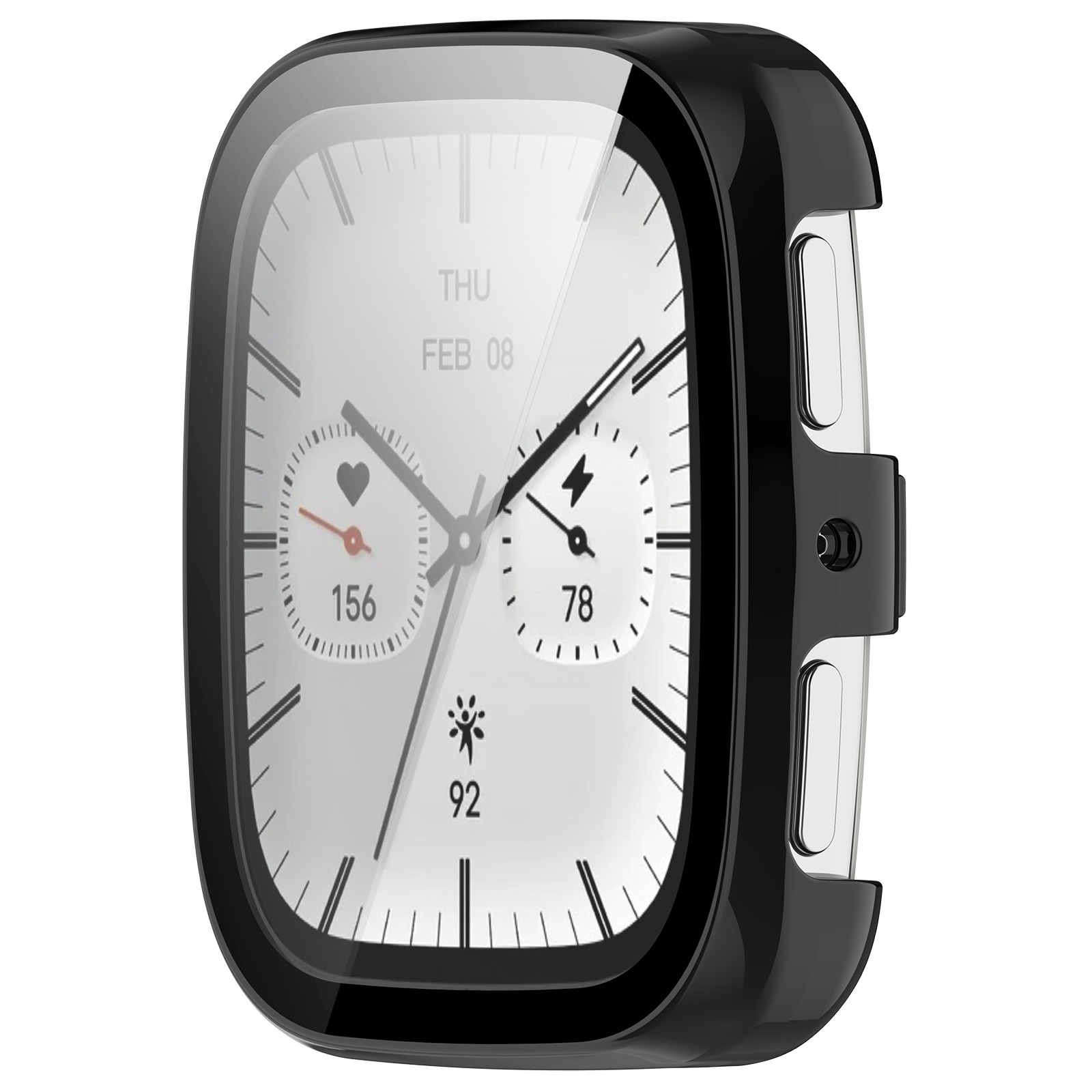Smartwatch nero con quadrante bianco che mostra l'ora e le statistiche. La data è l'8 febbraio. La lunetta è nera.