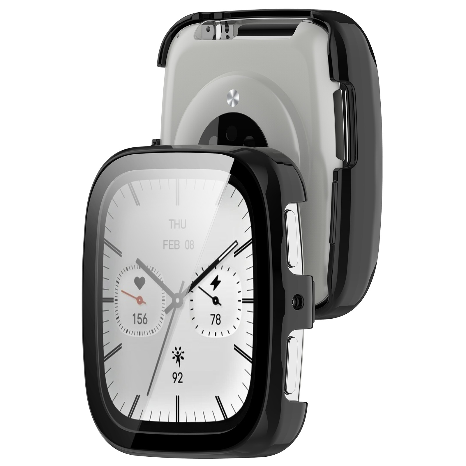 Uno smartwatch con cassa nera, che mostra data e statistiche. L'orologio è in una custodia protettiva nera, sfondo bianco.